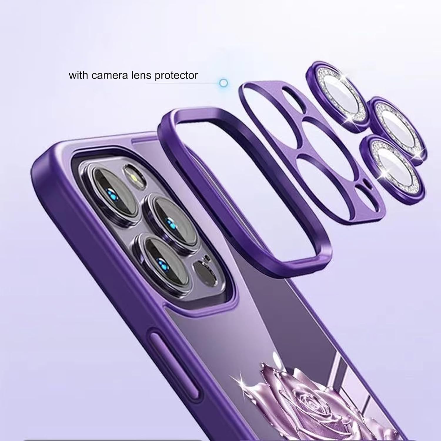 Changjia Funda transparente para iPhone 15 Pro Max, diseño floral con purpurina brillante y protector de lente de cámara, TPU a prueba de golpes,