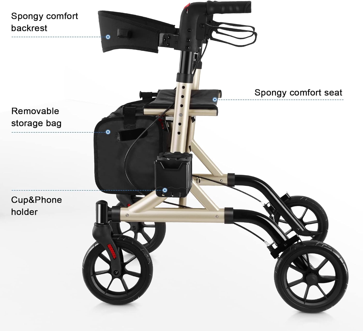 WALK MATE Andador con ruedas para personas mayores con soporte para tazas, botón de presión de pulgar mejorado para ajuste de altura, ruedas de 4 x