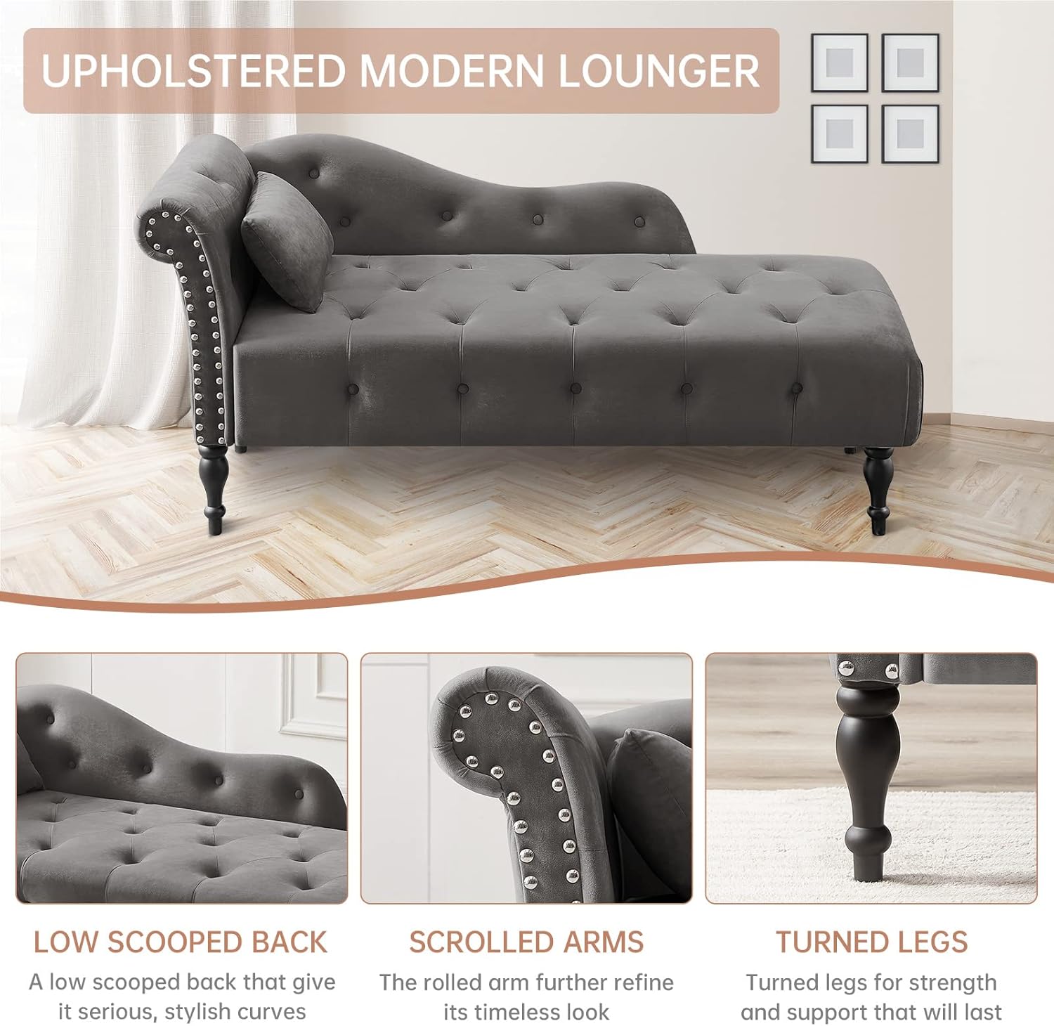Chaise Lounge – Silla de terciopelo para interiores con almohada, con botones copetudos, brazo derecho, con ribete de cabeza de clavos y patas