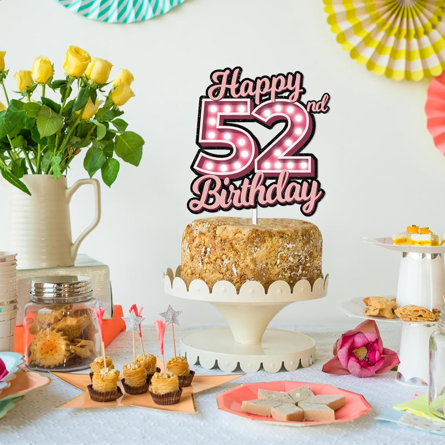 Decoración de pastel de cumpleaños 52 con purpurina rosa Let’s Glow Crazy Party Theme Decor Supplies Men Women Happy Birthday 52 Anniversary Party