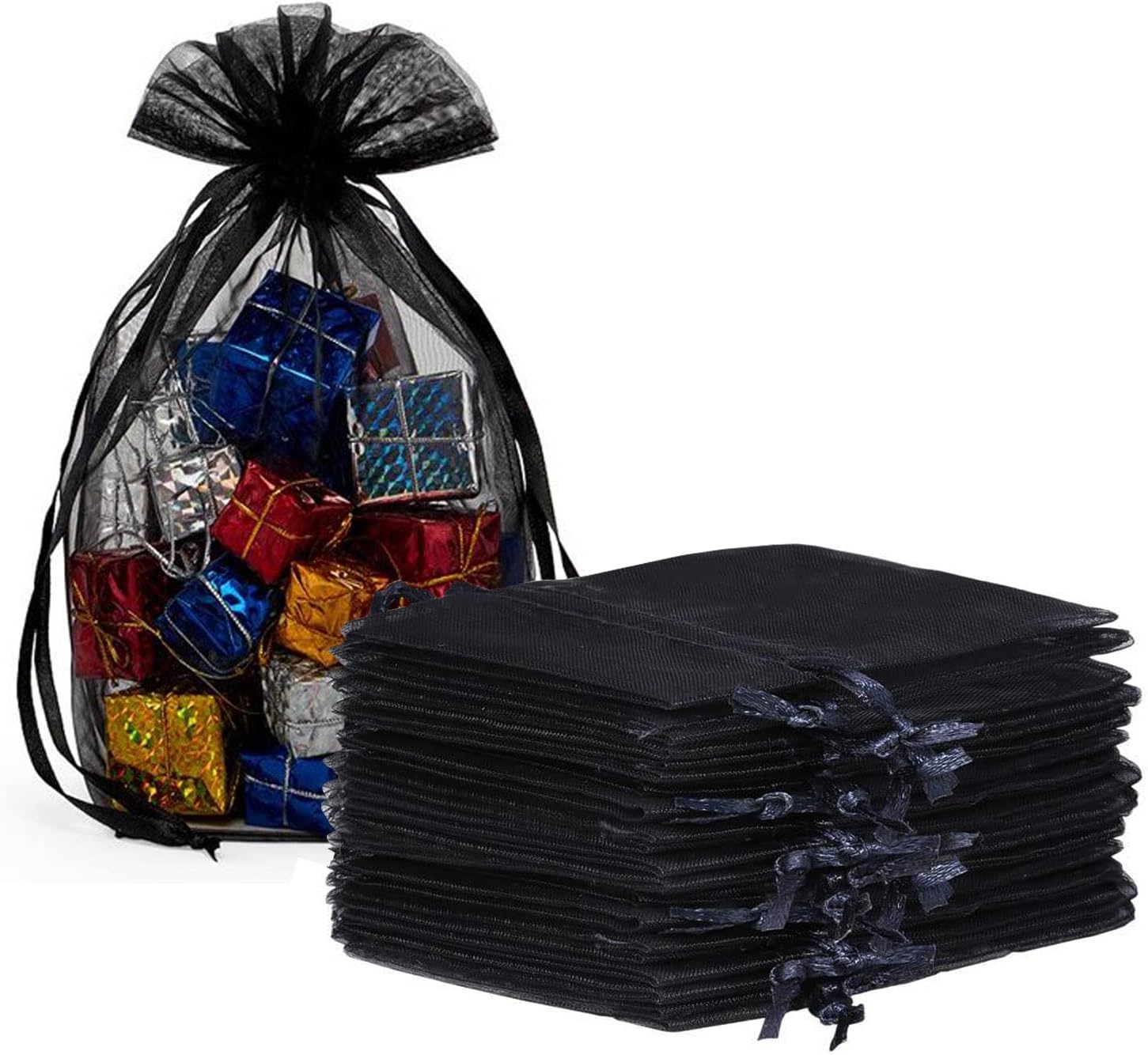 Bolsas de regalo de organza de 50 cordones de 5 x 7 pulgadas, color negro para baby shower, cumpleaños de niña, recuerdos de fiesta, boda, despedida