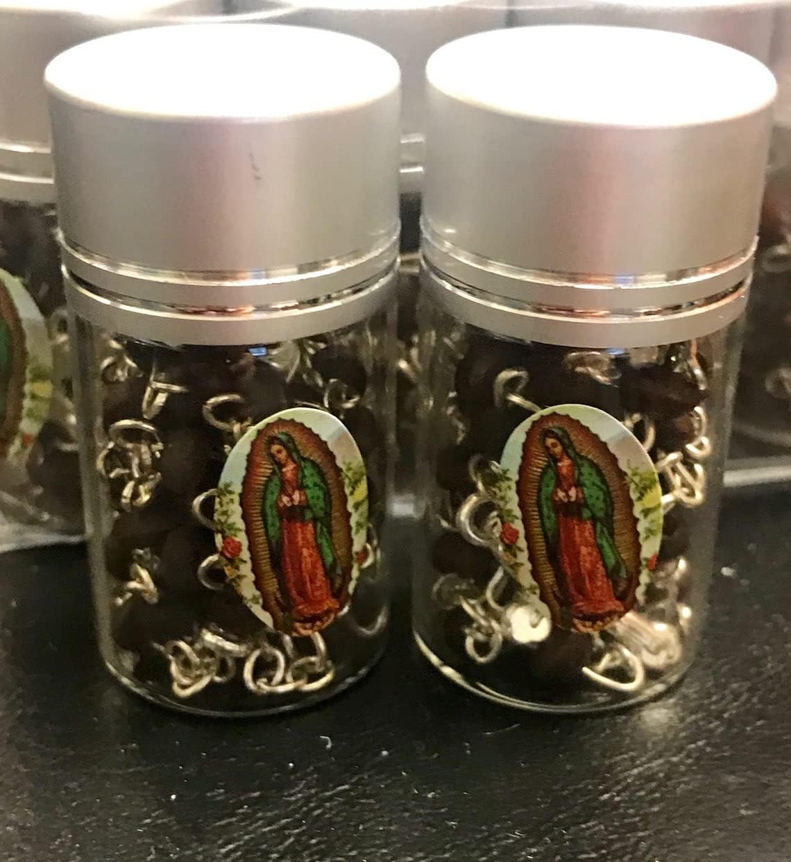 -12 piezas de rosario perfumado en frasco de vidrio con cuentas de rosario de plata católica crucifijo católico collar de la Virgen María, lote de
