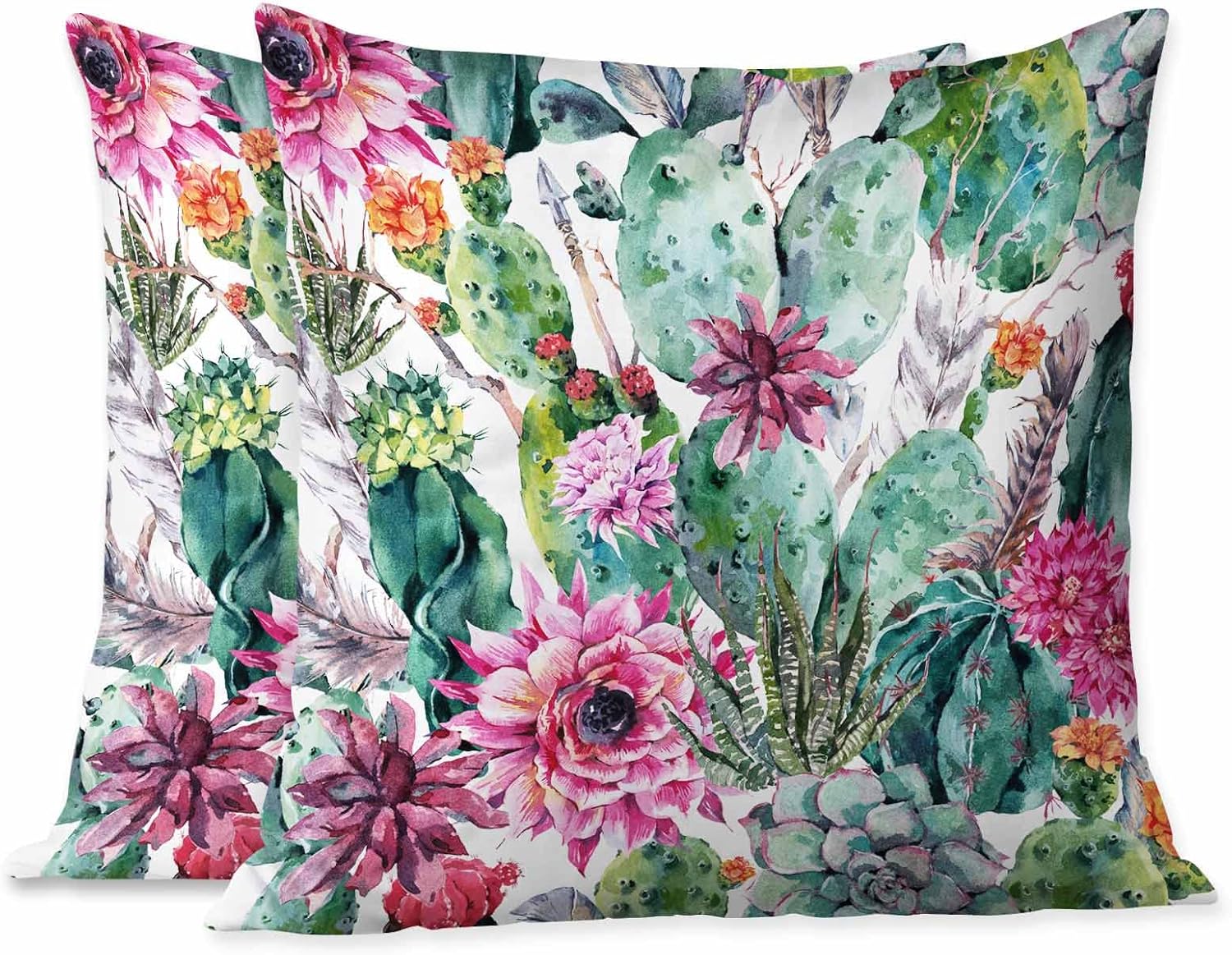 Beabes Fundas de almohada bohemias en acuarela, cactus, flores, ramitas, plumas, flechas, hojas verdes, fundas de almohada decorativas, 2 juegos