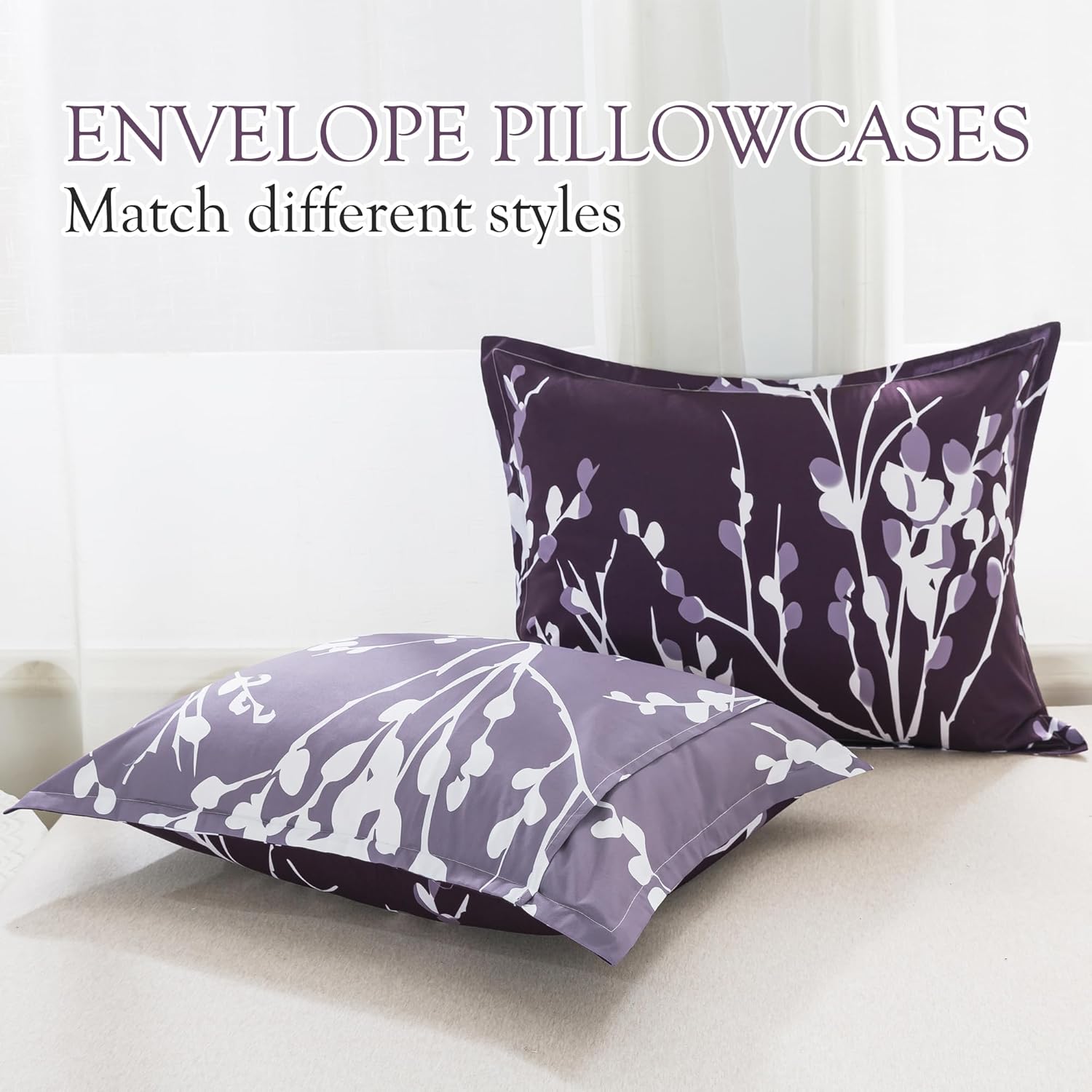 Andency Juego de edredón morado tamaño matrimonial (79 x 90 pulgadas)  Juego de cama reversible de 3 piezas de microfibra suave y ligera con ramas