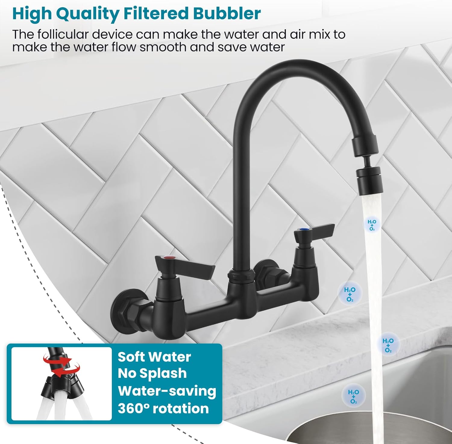 gotonovo Grifo de cocina de montaje en pared negro mate de 8 pulgadas centro ajustable de 360 grados giratorio de 360 grados grifo de fregadero de