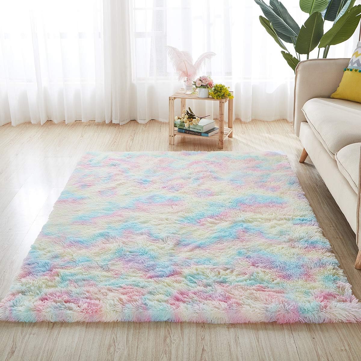 Alfombra suave de arco iris de 5 x 8pies, para sala de estar, alfombra grande, de felpa, mullida y cómoda para Navidad, día de Acción de Gracias