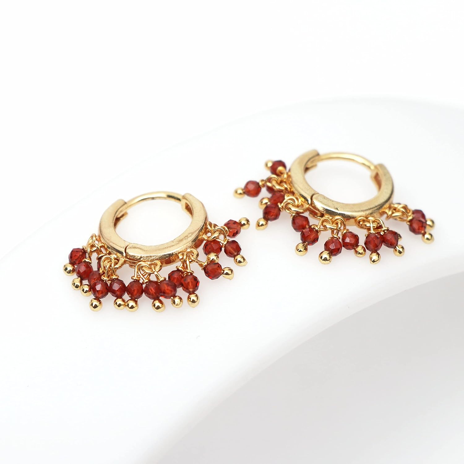Gempires Natural Red Garnet Beads Hoop Earring January Birthstone Earrings for Women Gold Plated Handmade Jewelry, Gift For Her (Red Garnet)