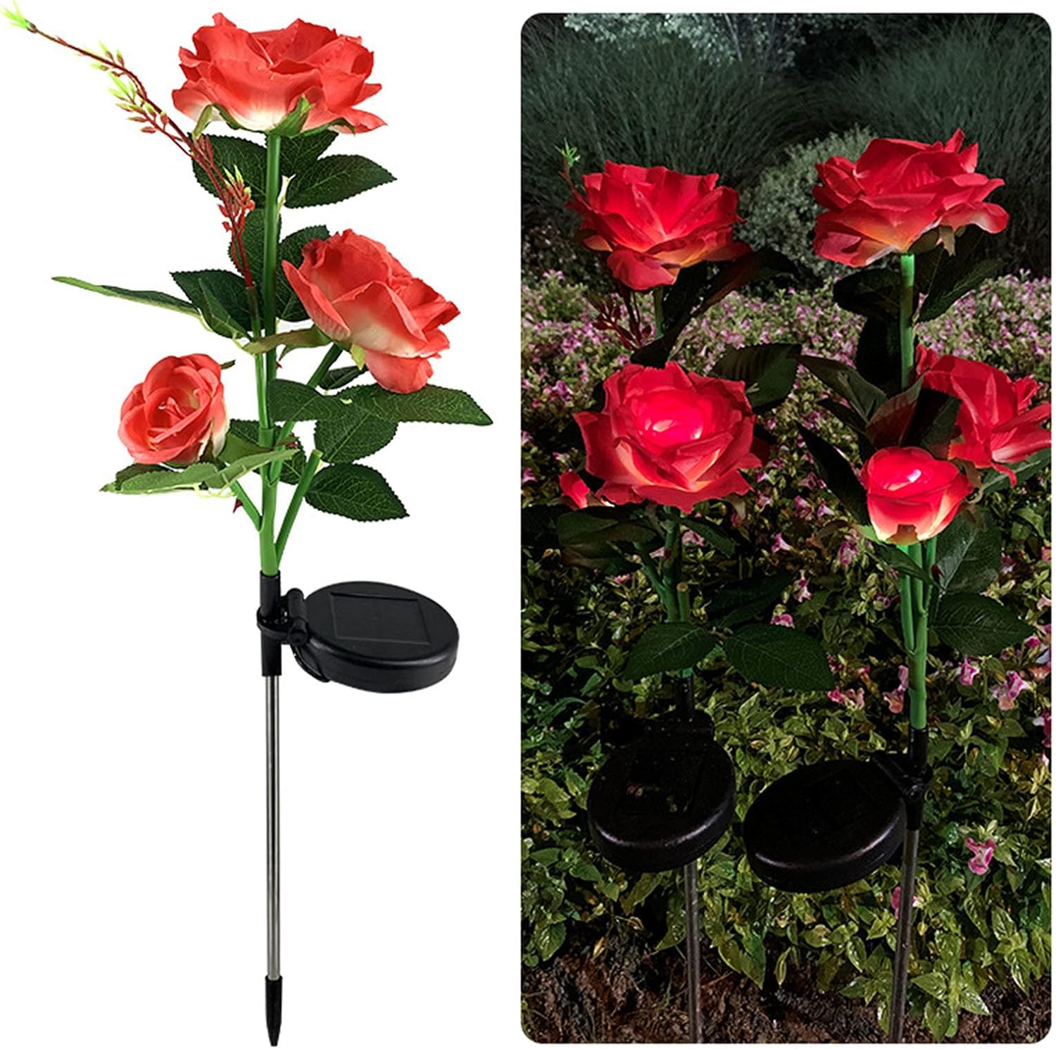 Flores artificiales, rosas falsas, plantas de imitación para interiores, luces rojas, cabeza solar LED para decoración de jardín, lámpara solar para