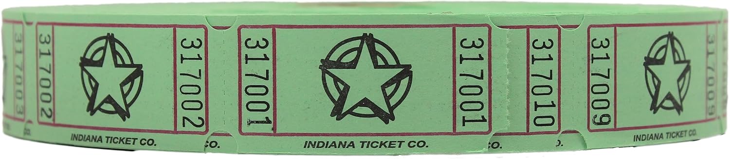 INDIANA TICKET CO. Boletos Green Star Roll, 2000 por rollo, rollo individual, entradas 1×2 para admisión, eventos, recaudación de fondos y premios