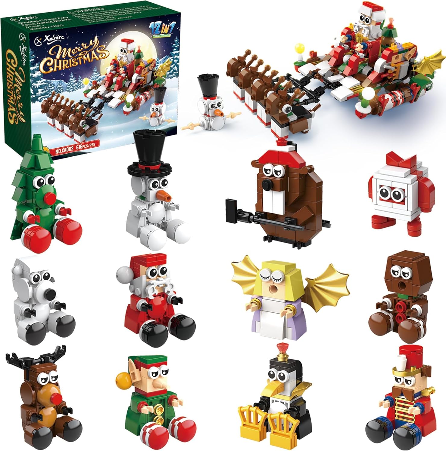 Juego de bloques de construcción 12 en 1 para fiestas de Navidad, juguetes de Navidad, mini ladrillos lindos, 12 piezas, calendario de adviento de