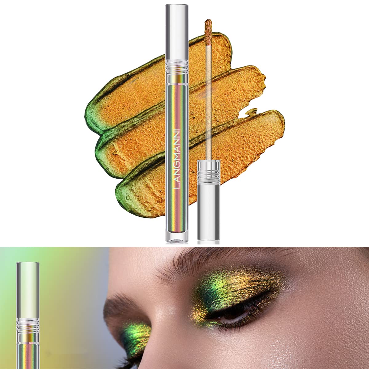 Jolilab Sombra de ojos de camaleón líquida metálica, aspecto de ojos multidimensional, maquillaje holográfico de larga duración con purpurina