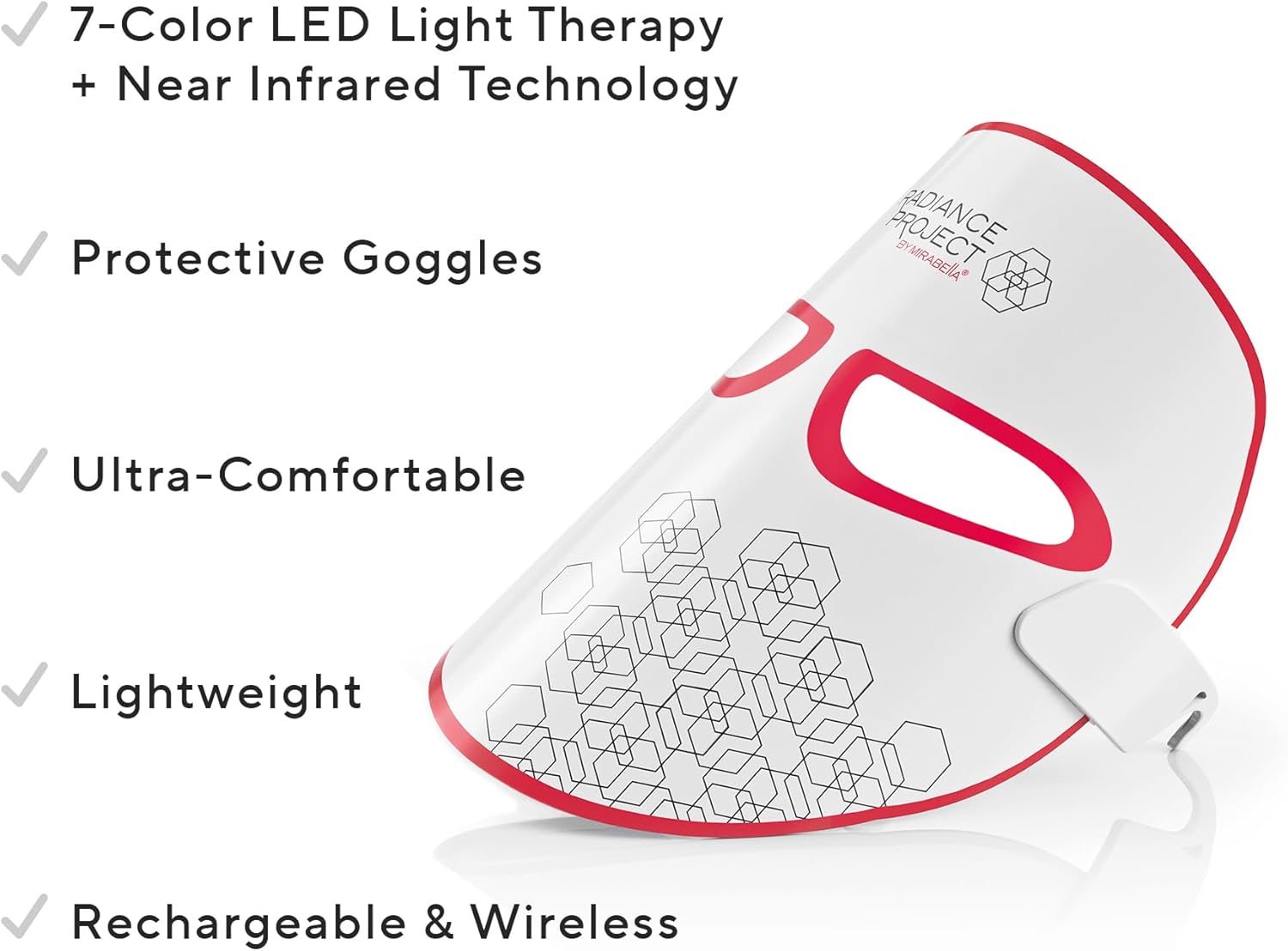 Mirabella Máscara de terapia de luz LED de 7 colores, máscara facial LED con luz infrarroja cercana, máscara ligera e inalámbrica recargable para el