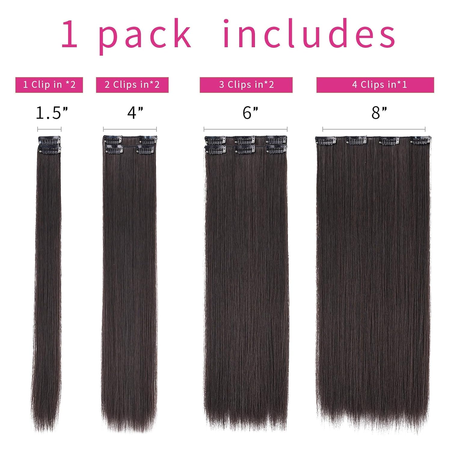 SYXLCYGG Extensiones de cabello castaño, extensiones de cabello castaño oscuro de 22 pulgadas con pinzas, lacio, esponjoso y sin enredos, piezas de