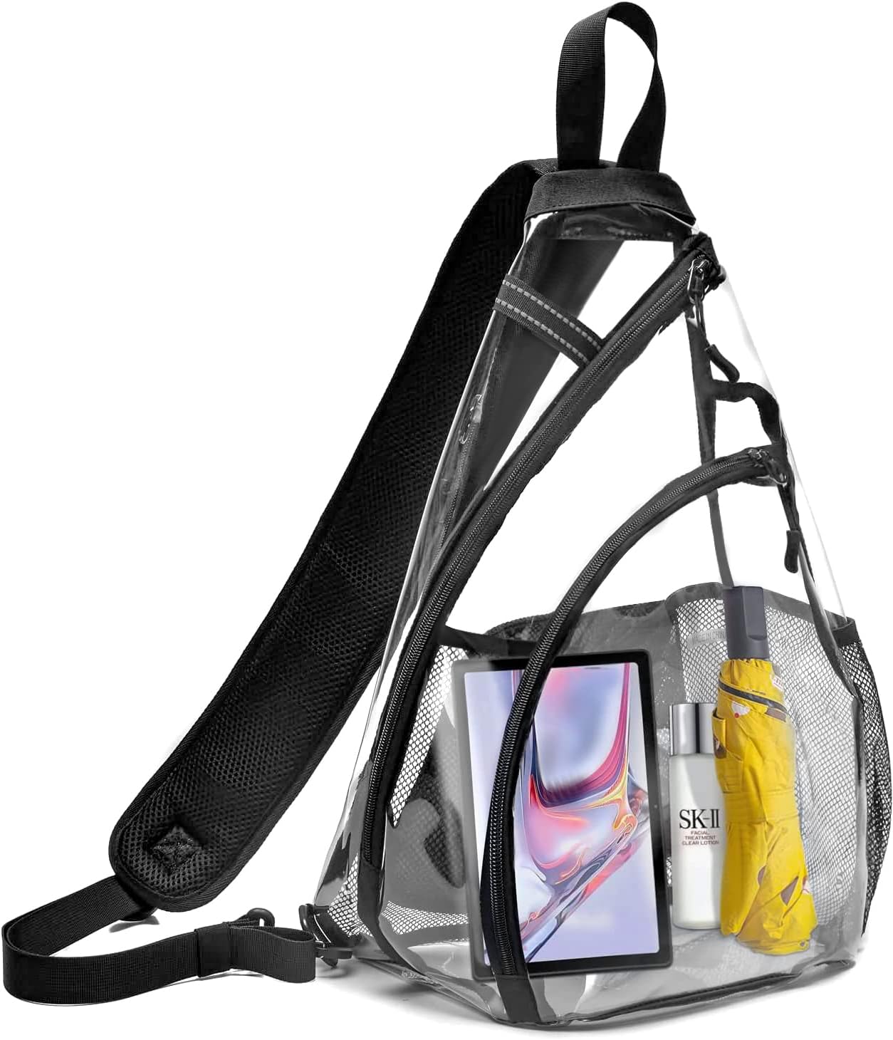 OSOCE Bolso bandolera transparente, bolsa cruzada transparente con cinturón reflectante, bolsillo de hombro con cremallera, cojín trasero