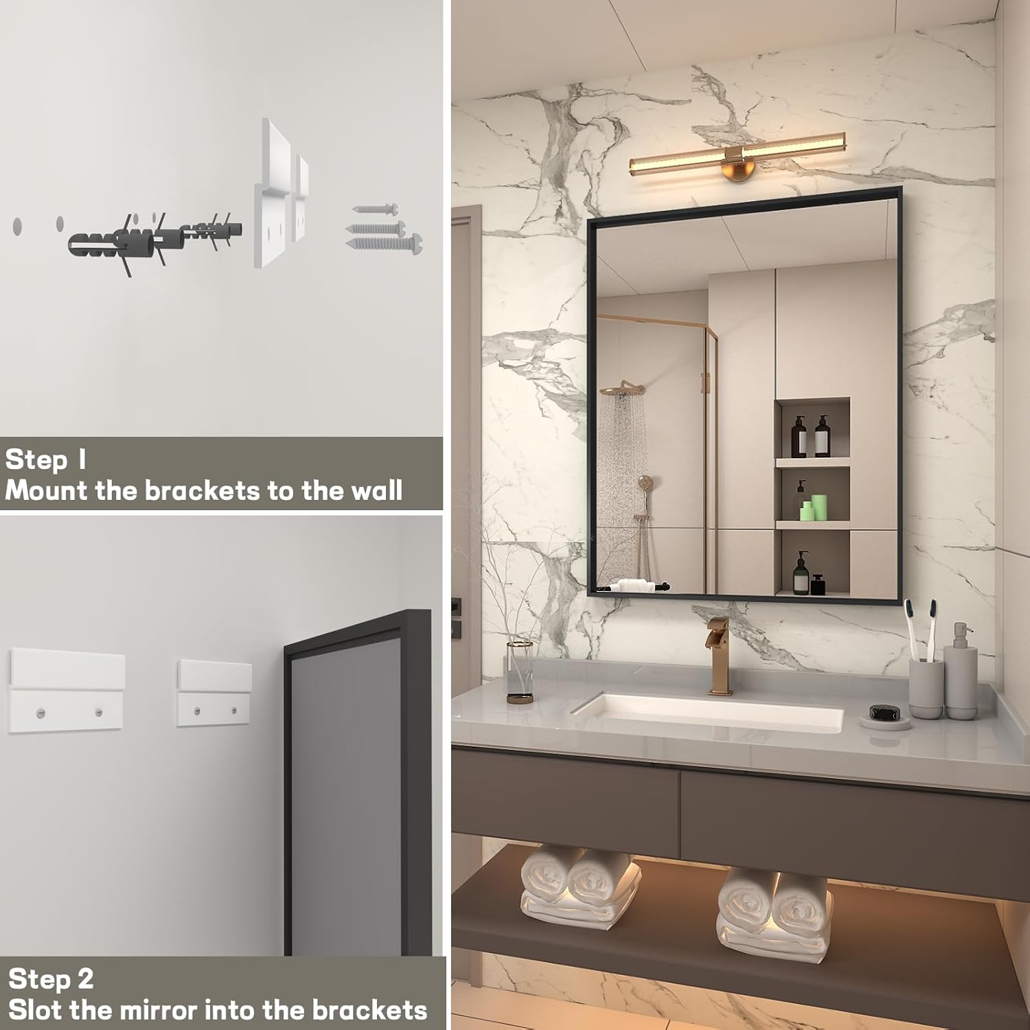LUSABE Espejo de baño con marco negro de 30 x 36 pulgadas, espejo de tocador para pared, espejo rectangular moderno para granja, marco de aleación