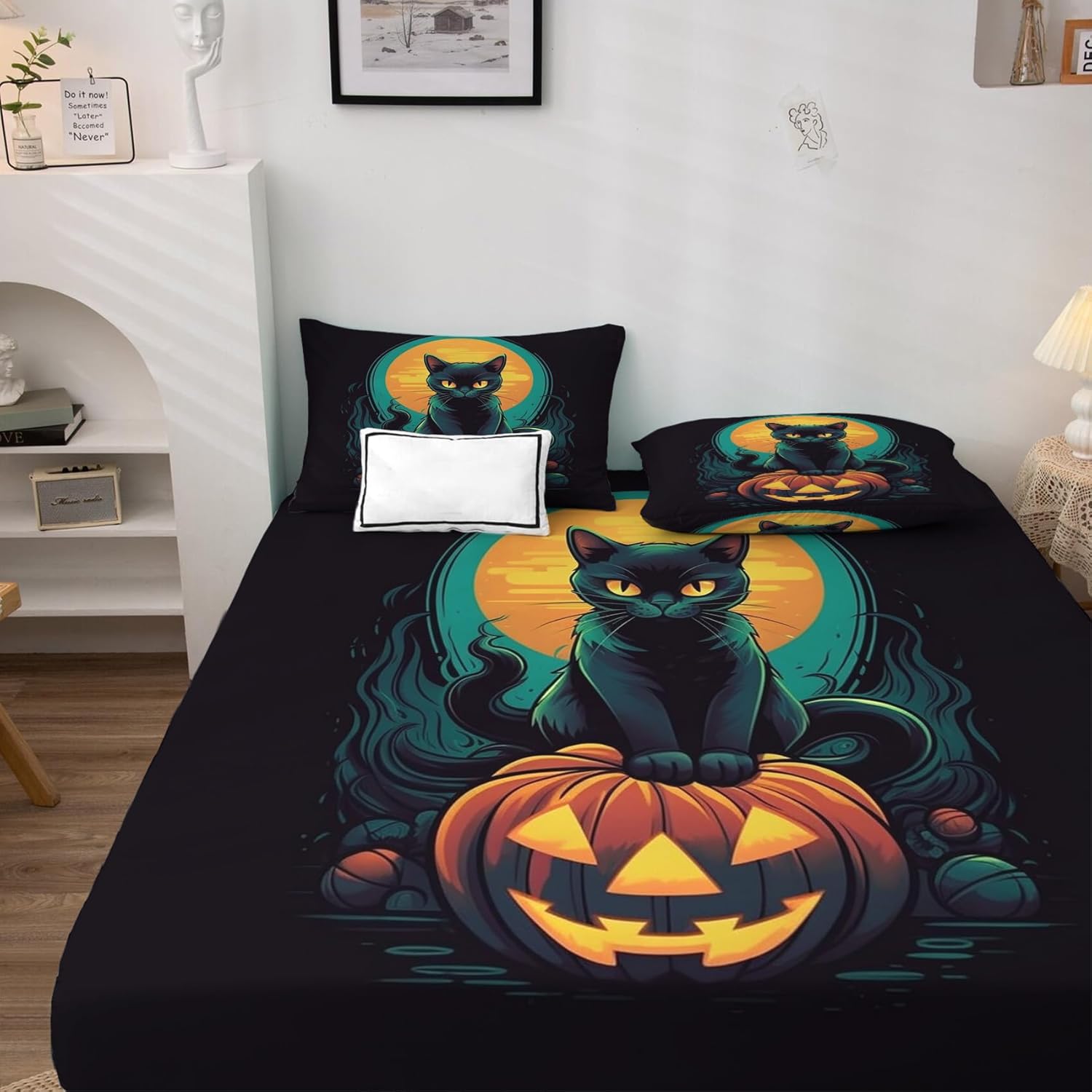 Sábanas de Halloween divididas tamaño King para cama ajustable, sábanas de calabaza de gato negro, sábanas y juego de 5 piezas, microfibra suave con
