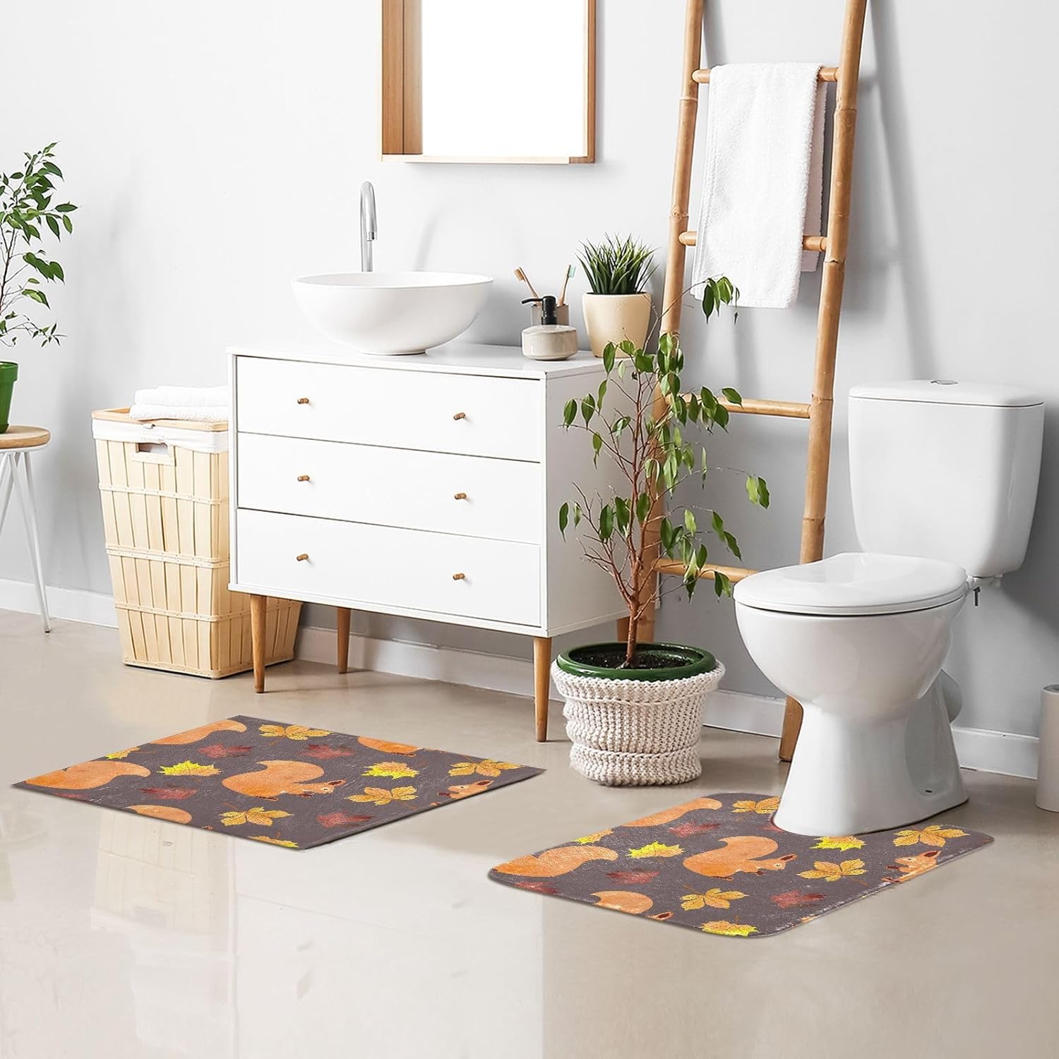 Bathroom Rugs Sets 2 Piece 24×16+24×20 Inch,Soft U-Shaped Contour Toilet Rug Autumn Squirrel Cute Non-Slip Absorbent Bath Floor Mat Carpet Set Water