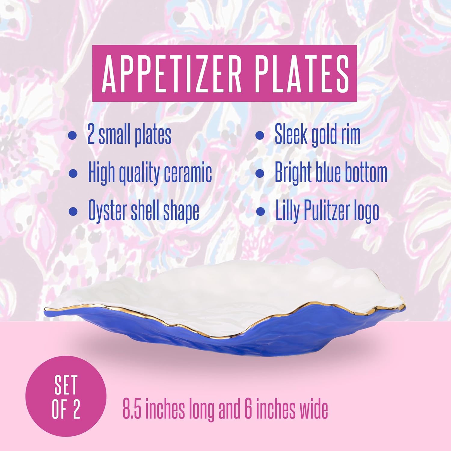 Lilly Pulitzer Juego de 2 platos de cerámica para aperitivo de concha marina de 6 pulgadas, platos únicos para cocina del hogar, conchas azules y