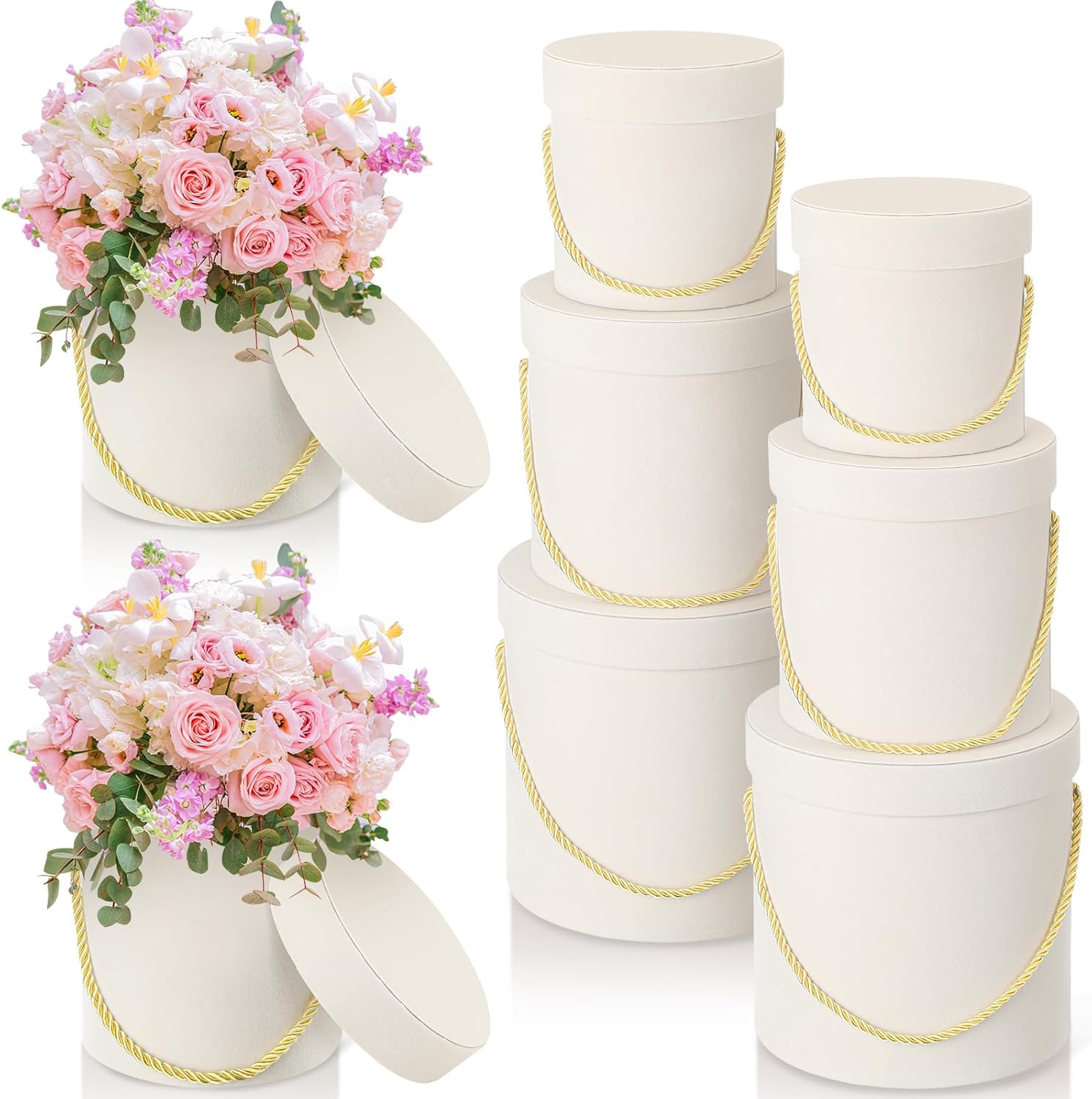 Uiifan 6 cajas redondas de terciopelo con tapas, caja de regalo de terciopelo de San Valentín con asa para arreglos de regalo de flores de lujo,