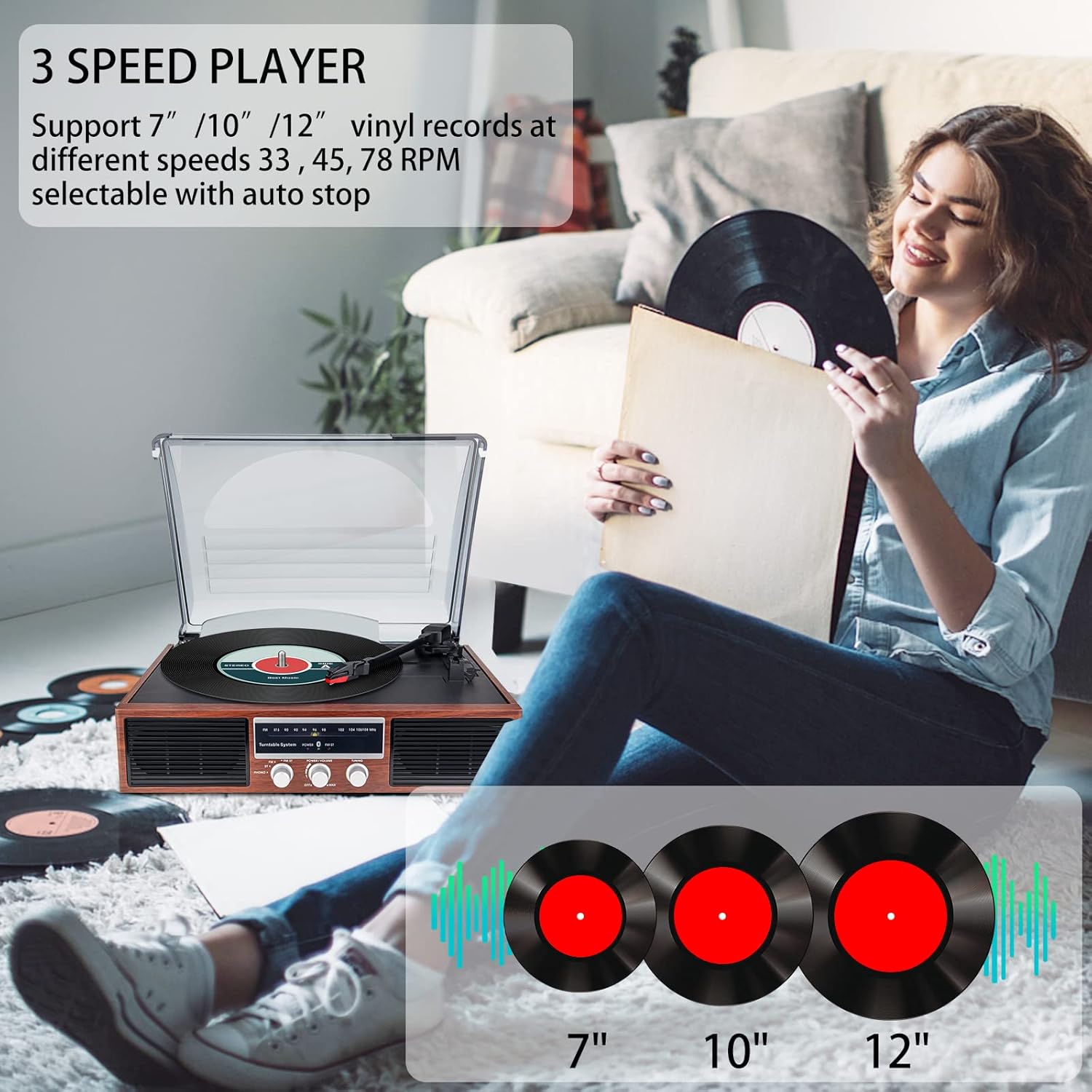 Tocadiscos Bluetooth, tocadiscos de 3 velocidades, tocadiscos de vinilo, radio FM con 2 altavoces estéreo incorporados, 33, 45, 78 RPM, reproductor