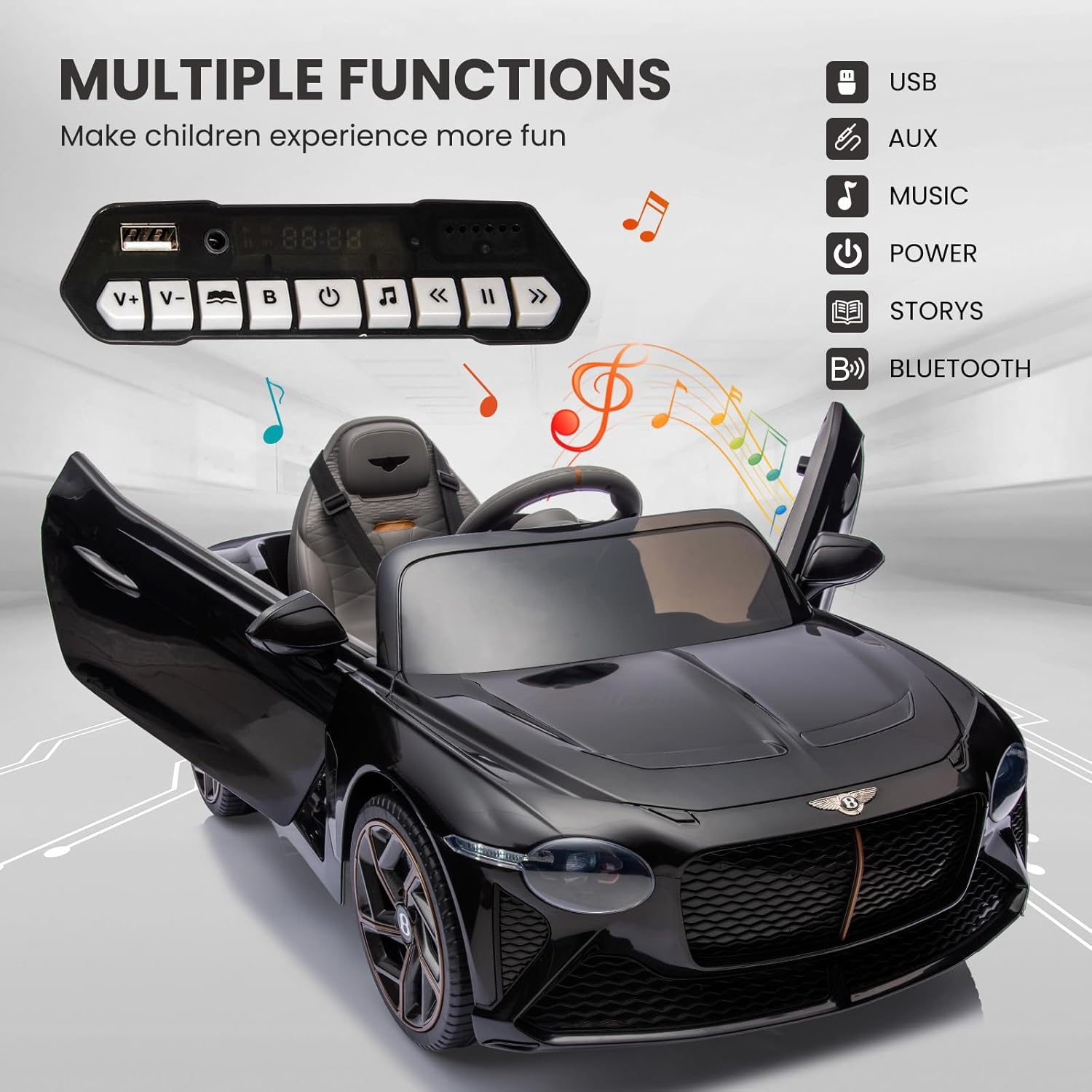 GAOMON Auto eléctrico Bentley Bacalar de 12 V, con licencia y control remoto para padres, 3 velocidades, puertas de tijera, música, LED, autos para
