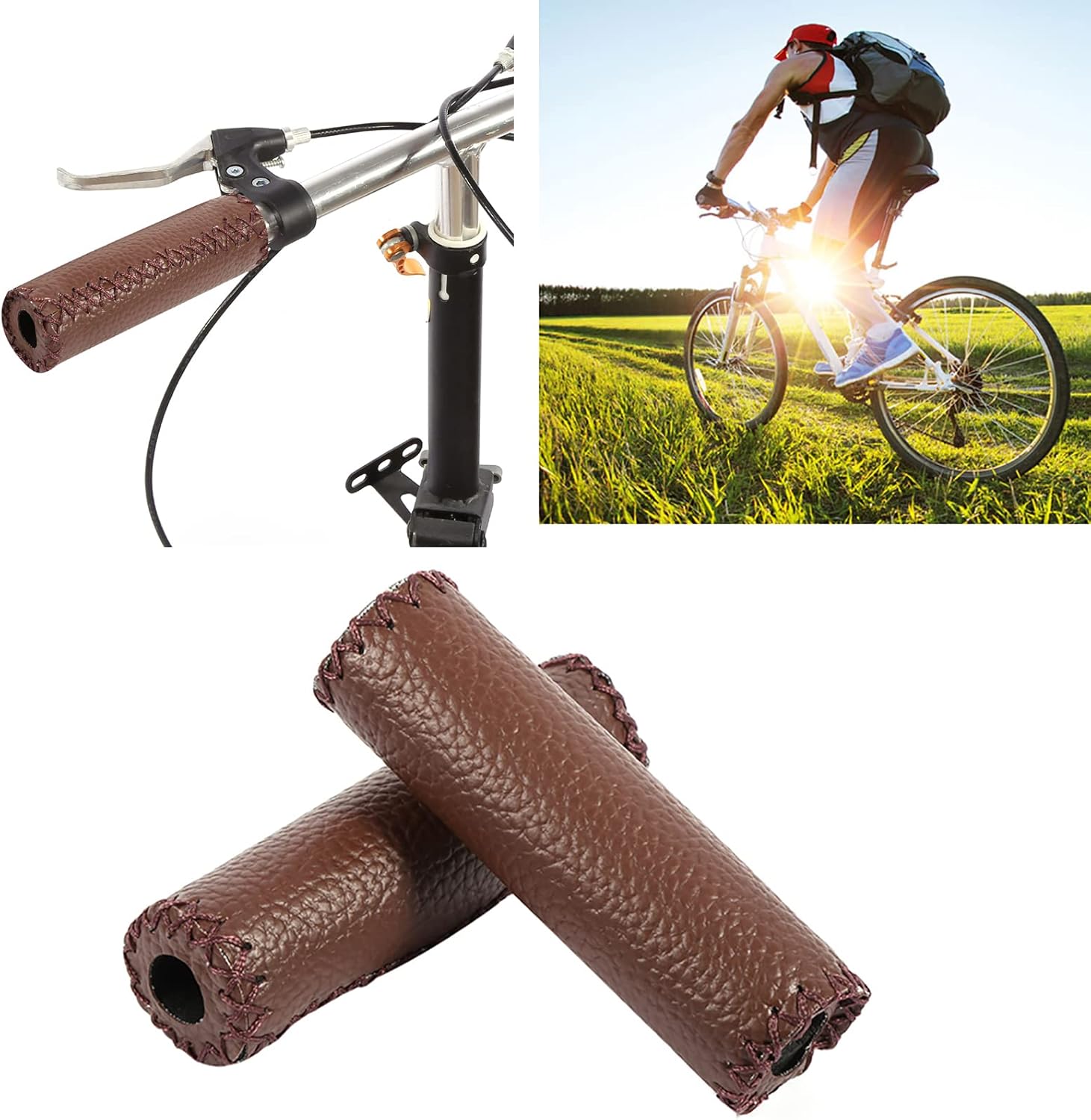 1 par de agarres de manillar de bicicleta de cuero artificial retro de tres colores con costura cosida a mano manija de bicicleta empuñaduras