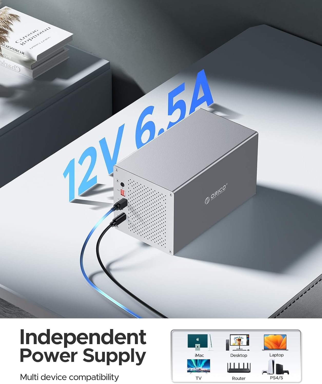 ORICO Caja de disco duro RAID de 4 bahías USB C Soporte independiente de aluminio 3.5 pulgadas Bahía de disco duro externo para 2.5”3.5”HDDSSD