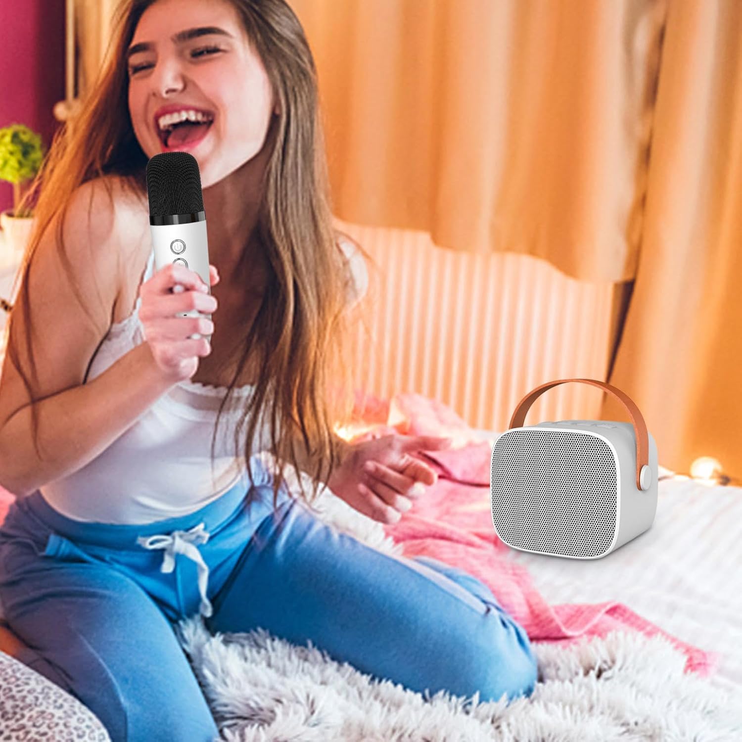 Mini máquina de karaoke, altavoz Bluetooth portátil con 2 micrófonos inalámbricos para niños y adultos con luces LED, regalos para niñas y niños,