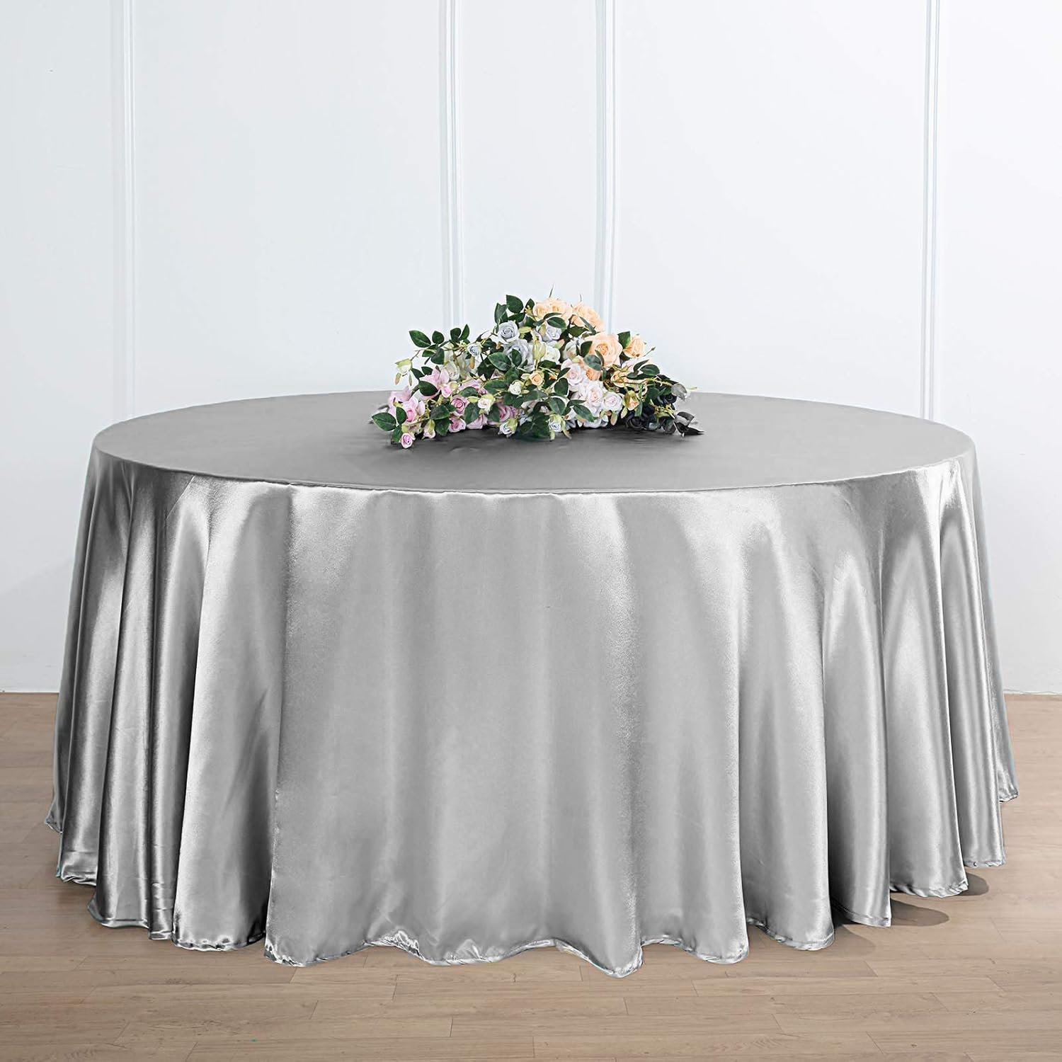 BalsaCircle Mantel redondo de satén plateado de 120 pulgadas para mesa de boda, fiesta, recepción, eventos, cocina, comedor