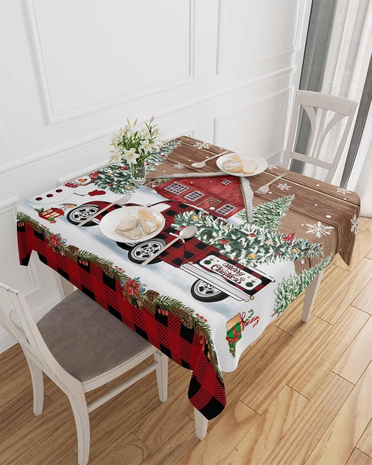 BOBOWUNY Manteles cuadradosredondos de 52 x 52 pulgadas, mantel de mesa de camión de Navidad para interiores y exteriores, decoración de mesa para