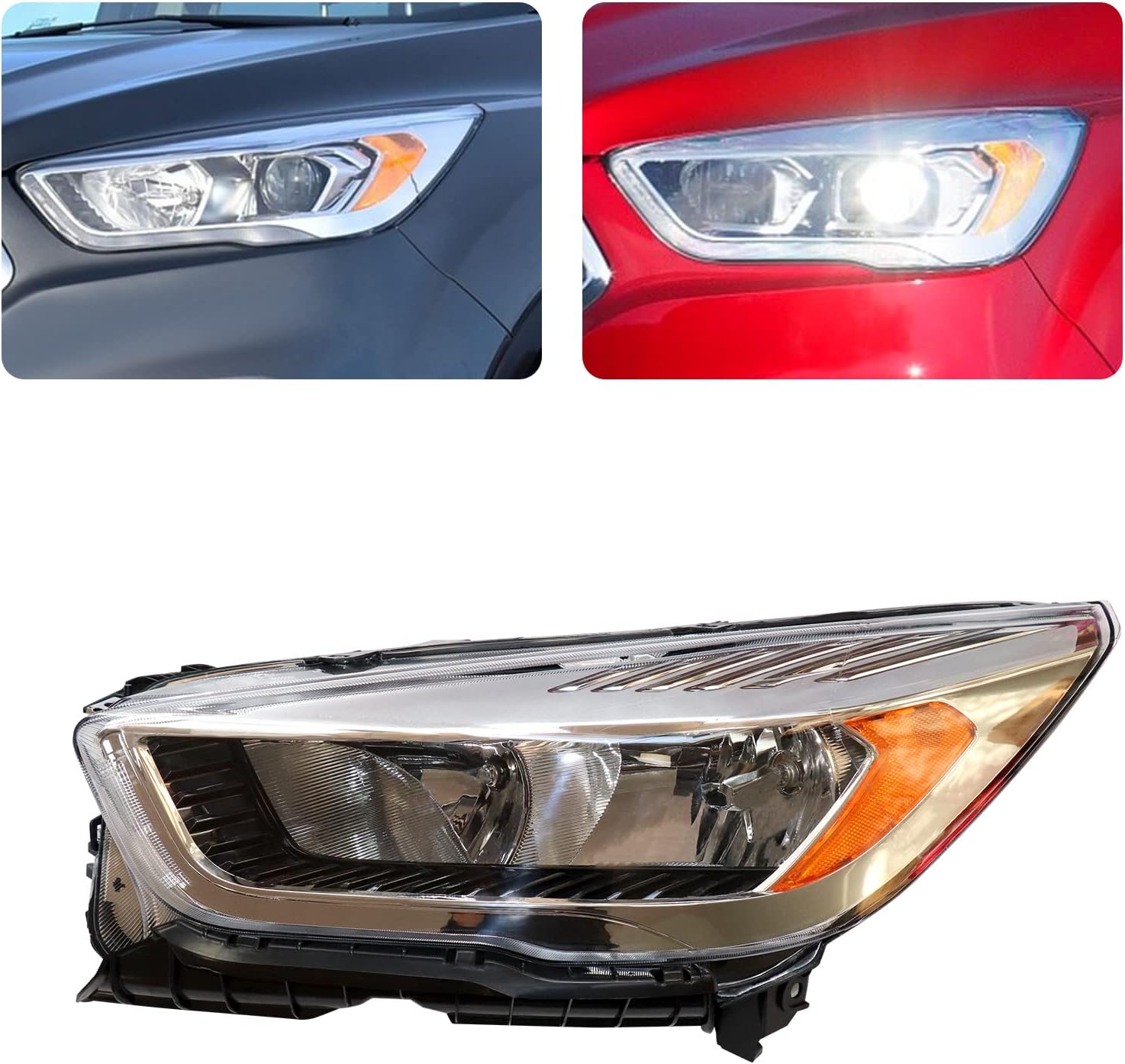 CNCEST Faros delanteros halógenos cromados sin LED DRL, ajuste directo, carcasa cromada, lente transparente para modelos Ford Escape 2017-2019, lado