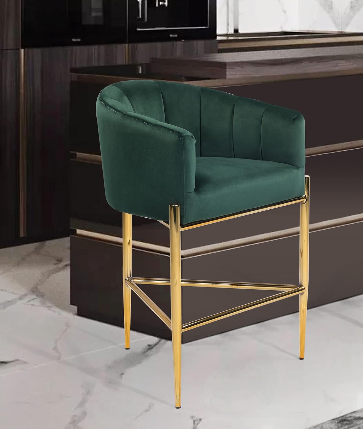 Iconic Home Cyrene – Taburete para mostrador, tapizado de terciopelo, diseño de carcasa de brazo de refugio, 3 patas, tono dorado, base de metal