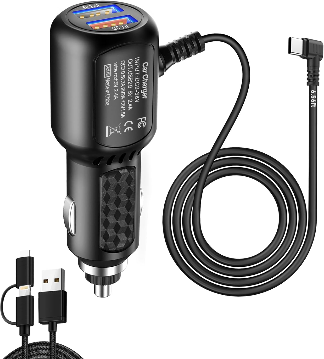 Cargador de cámara de salpicadero USB C, cable de alimentación USB tipo C, cargador de automóvil USB C, adaptador de corriente USB de doble puerto,