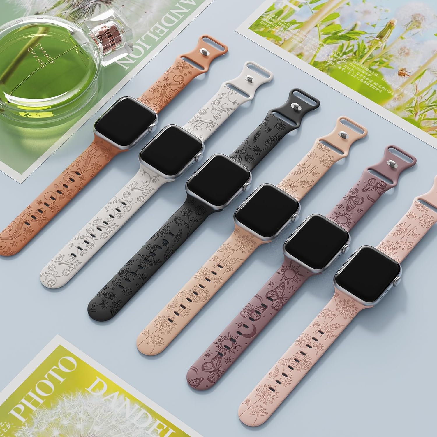 Paquete de 6 correas con grabado floral compatibles con Apple Watch Band de 1.575 pulgadas, 1.614 pulgadas, 1.496 pulgadas, 1.654 pulgadas, 1.732