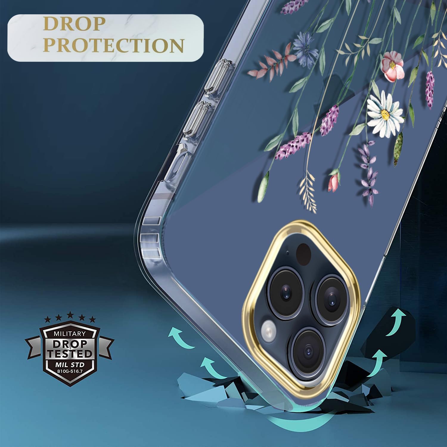 luolnh Funda compatible con iPhone 15 Pro, para mujeres y niñas, a prueba de golpes, transparente, patrón floral, cubierta trasera dura para iPhone