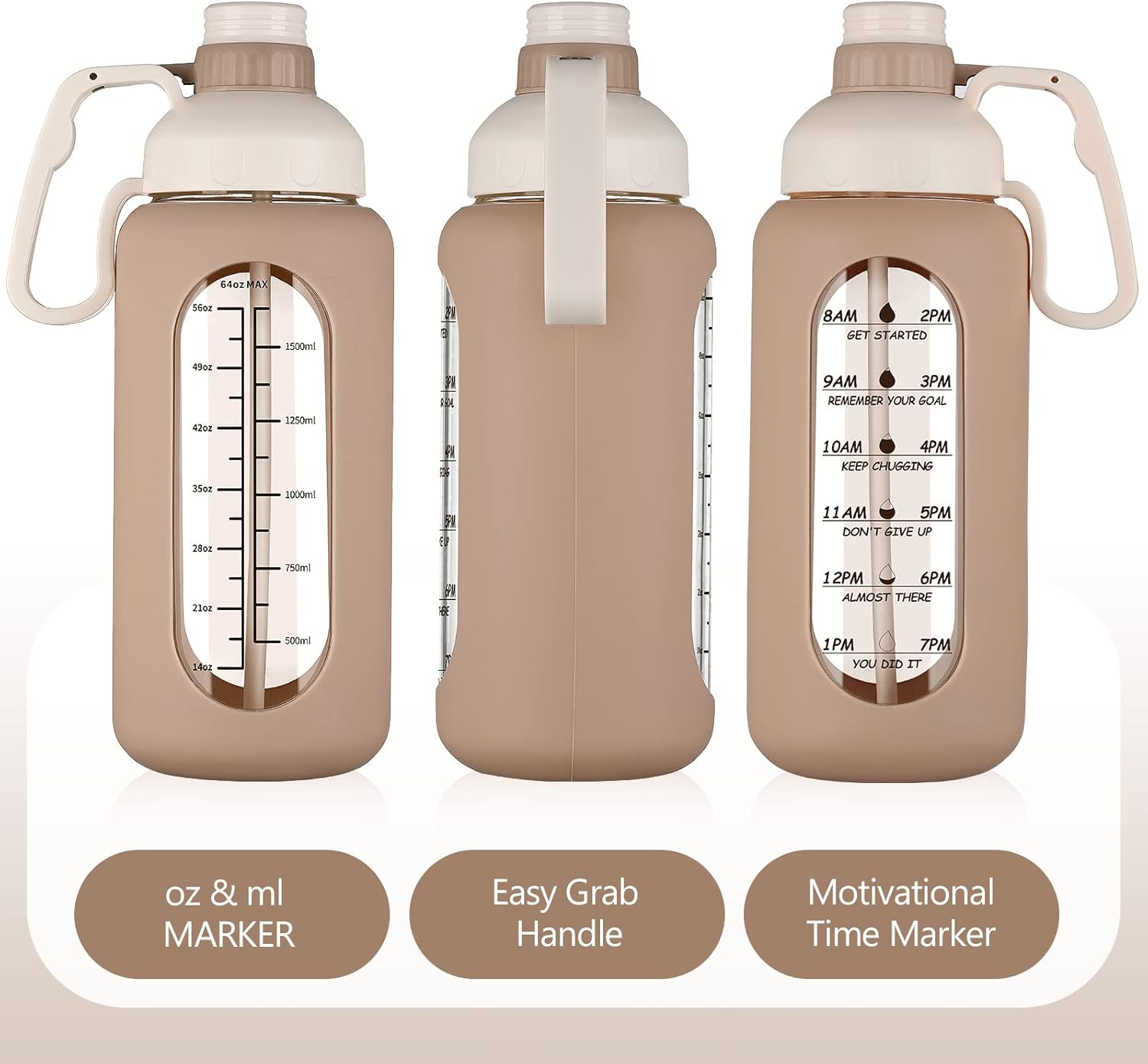 MUKOKO Botellas de agua de vidrio de 64 onzas con popote, botella de agua de medio galón con marcador de tiempo, botella de agua motivacional con