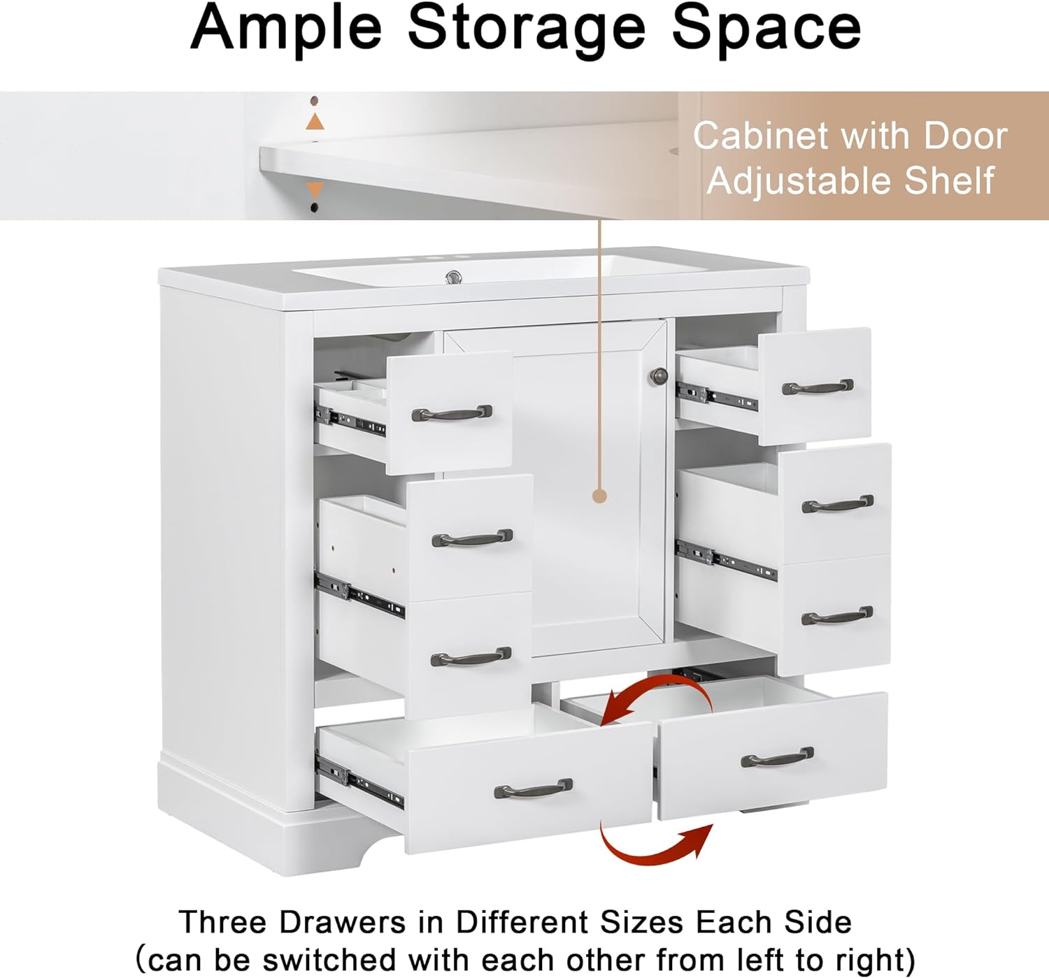 Harper & Bright Designs Tocador de baño de 36 pulgadas sin fregadero, gabinete de baño de madera independiente con 6 cajones y un gabinete con