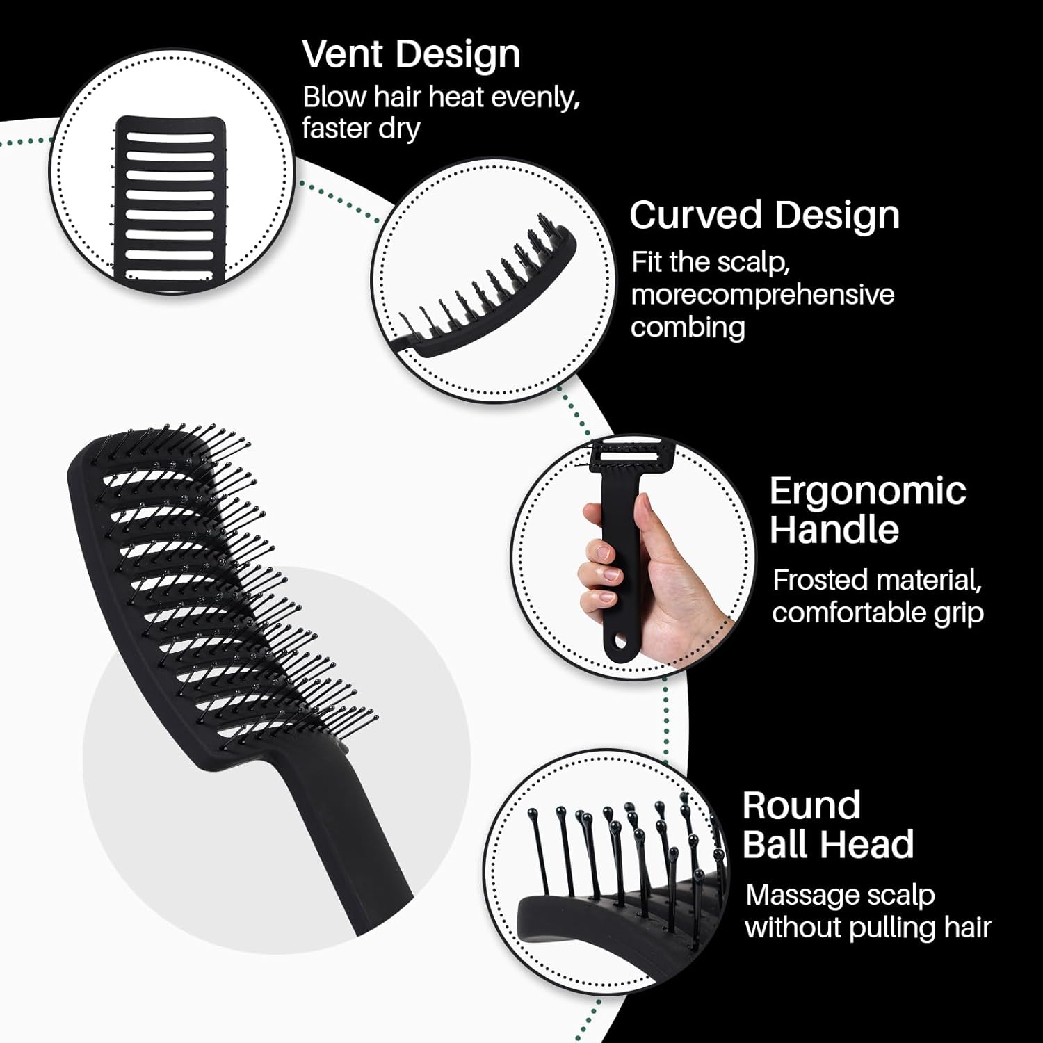 RHOS Cepillo de pelo curvado ventilado para un secado más rápido, cepillo ventilado para mujeres y hombres, cepillo de peinado con cerdas de nailon