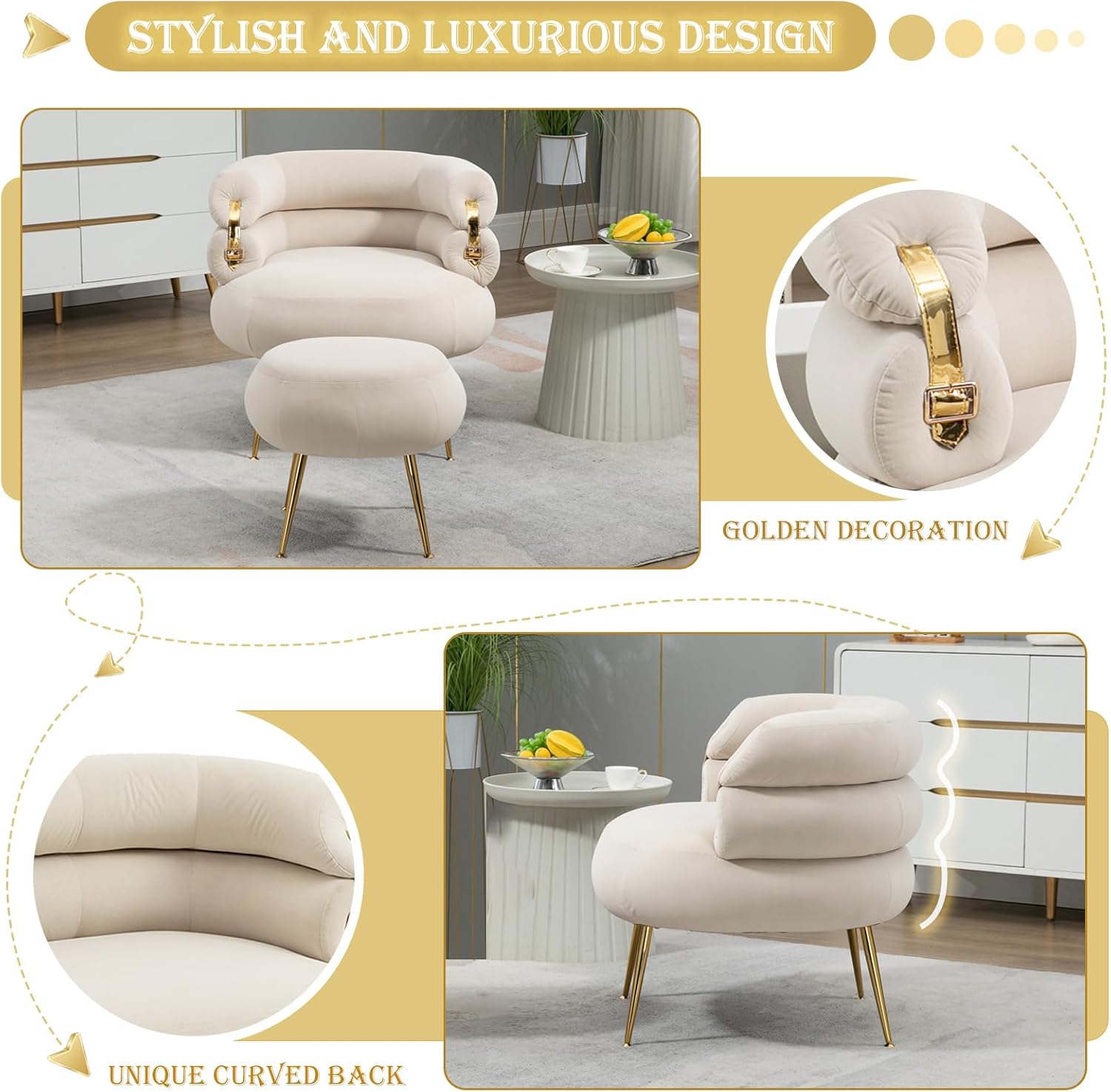Silla decorativa de terciopelo con otomana, cómoda silla de barril tapizada, moderno sillón copetudo con respaldo único y patas de metal dorado para