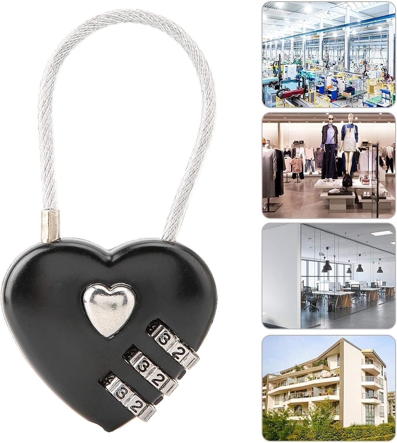 Cerradura de código en forma de corazón negro, tamaño mini compacto con combinación de código de 3 dígitos para equipaje, mochila, joyero, candados