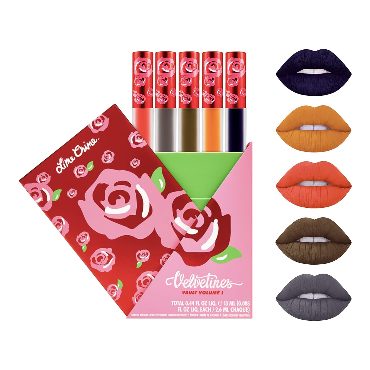 Lime Crime Liquid Matte Lipstick Juego de regalo de 5 piezas, Velvetines Vault Volumen 1  Tonos atrevidos y de larga duración y forro de labios