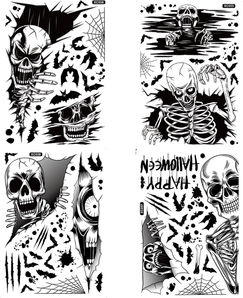 4 calcomanías de calavera de Halloween para ventana, calcomanías de pared de esqueleto de doble cara, extraíbles de Halloween, esqueleto de calavera