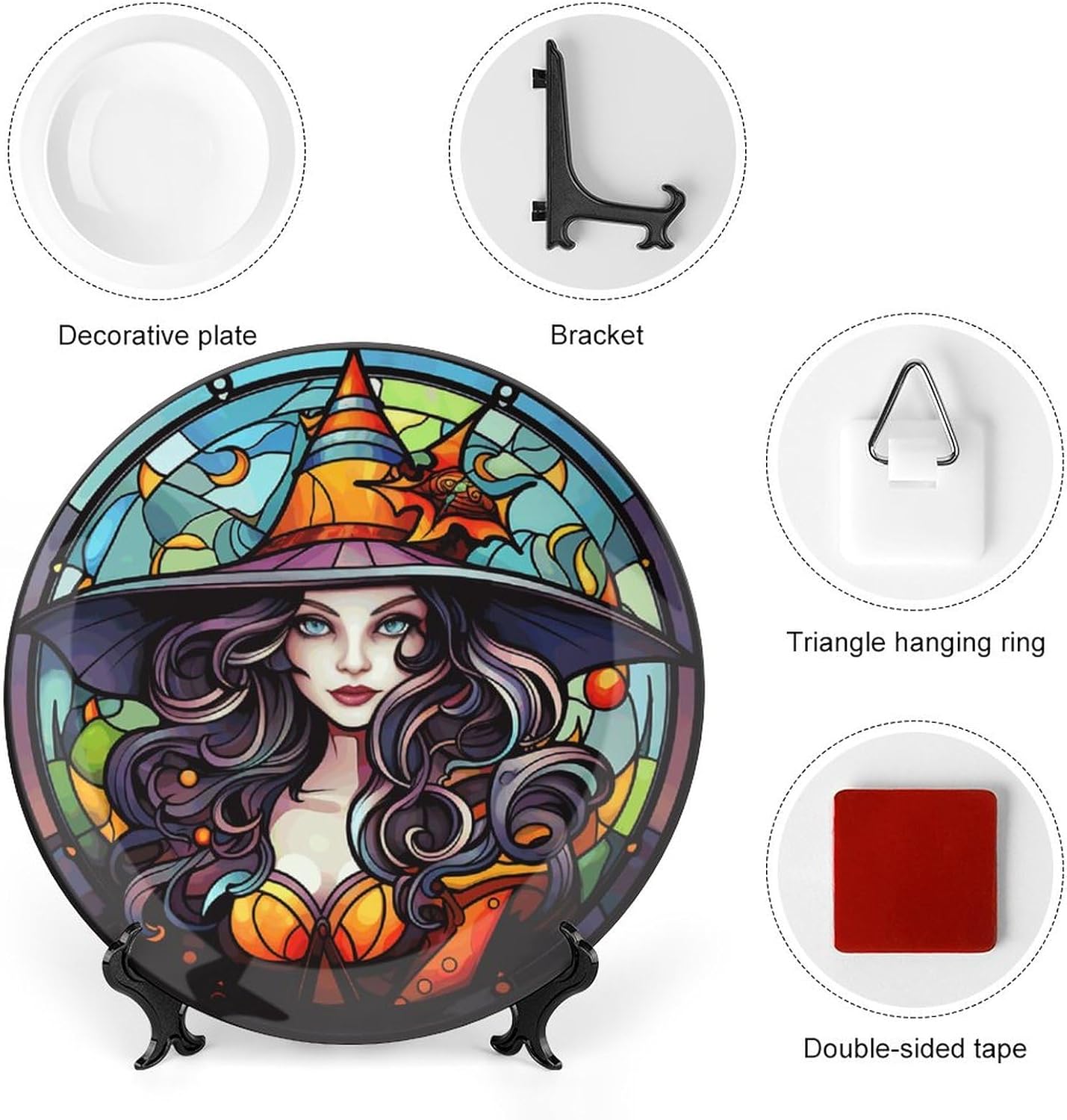 Platos decorativos de bruja con sombrero naranja para decoración del hogar de Halloween, platos de cerámica con diseño de vitrales para sala de