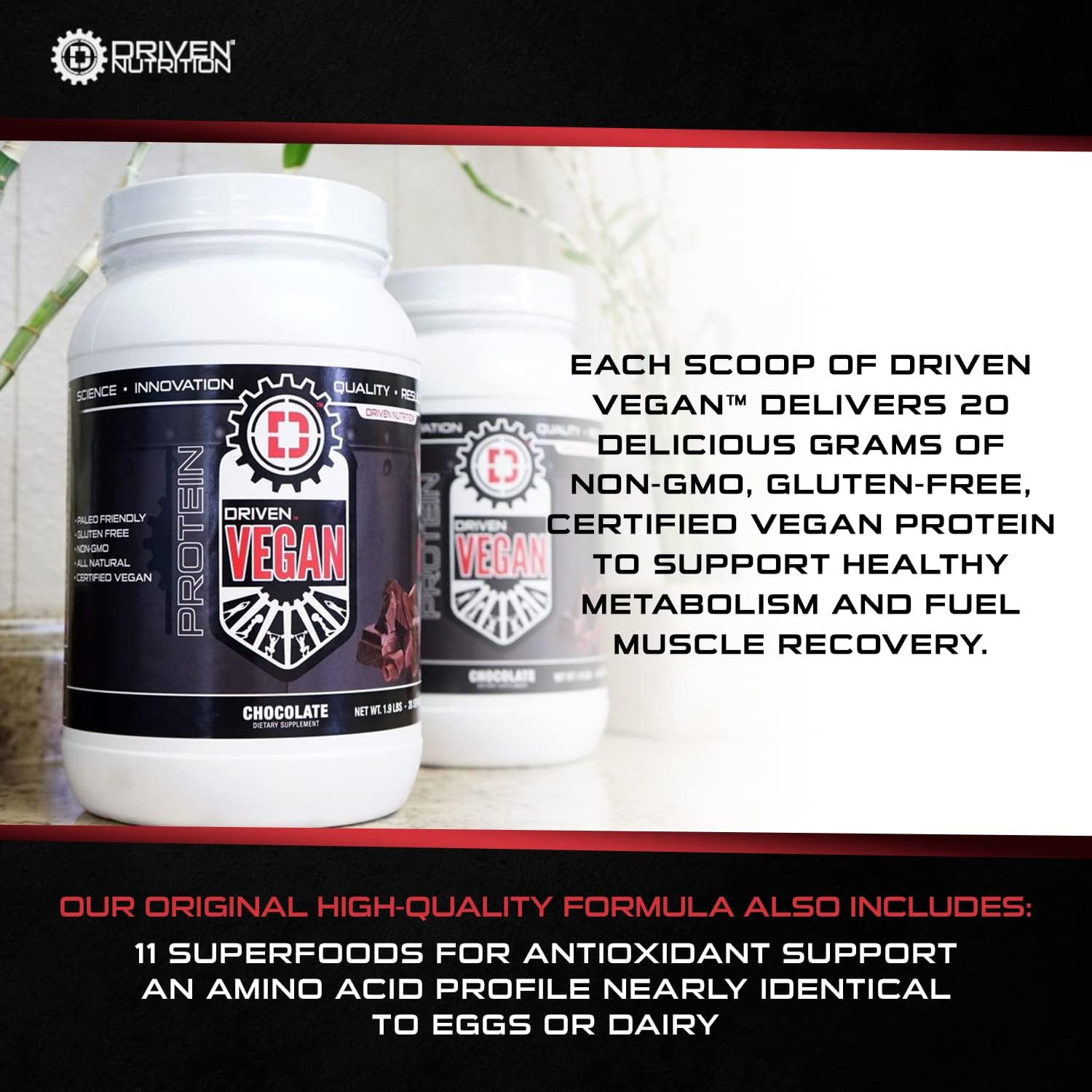 Driven Proteína vegana en polvo (2 libras)  100% a base de plantas, aminoácidos esenciales + superalimentos ricos en antioxidantes  Limpio, sin