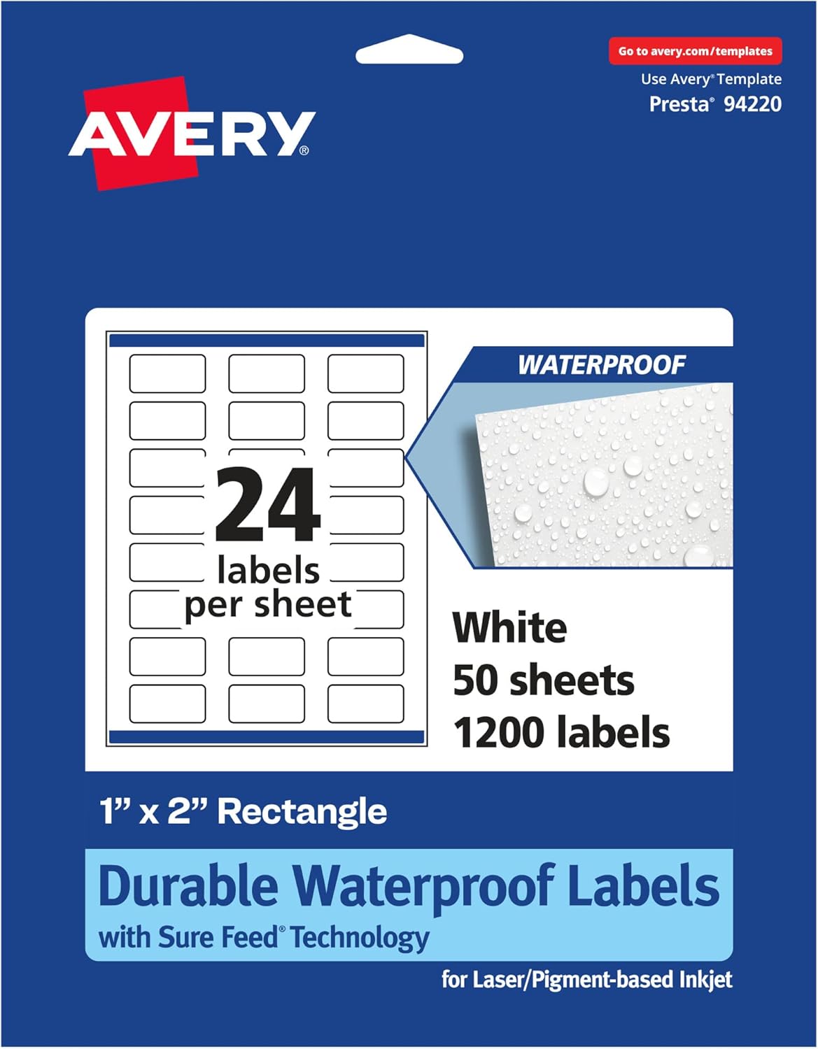Avery Etiquetas rectangulares duraderas e impermeables con alimentación segura, 1 x 2 pulgadas, 1,200 etiquetas impermeables resistentes al aceite y