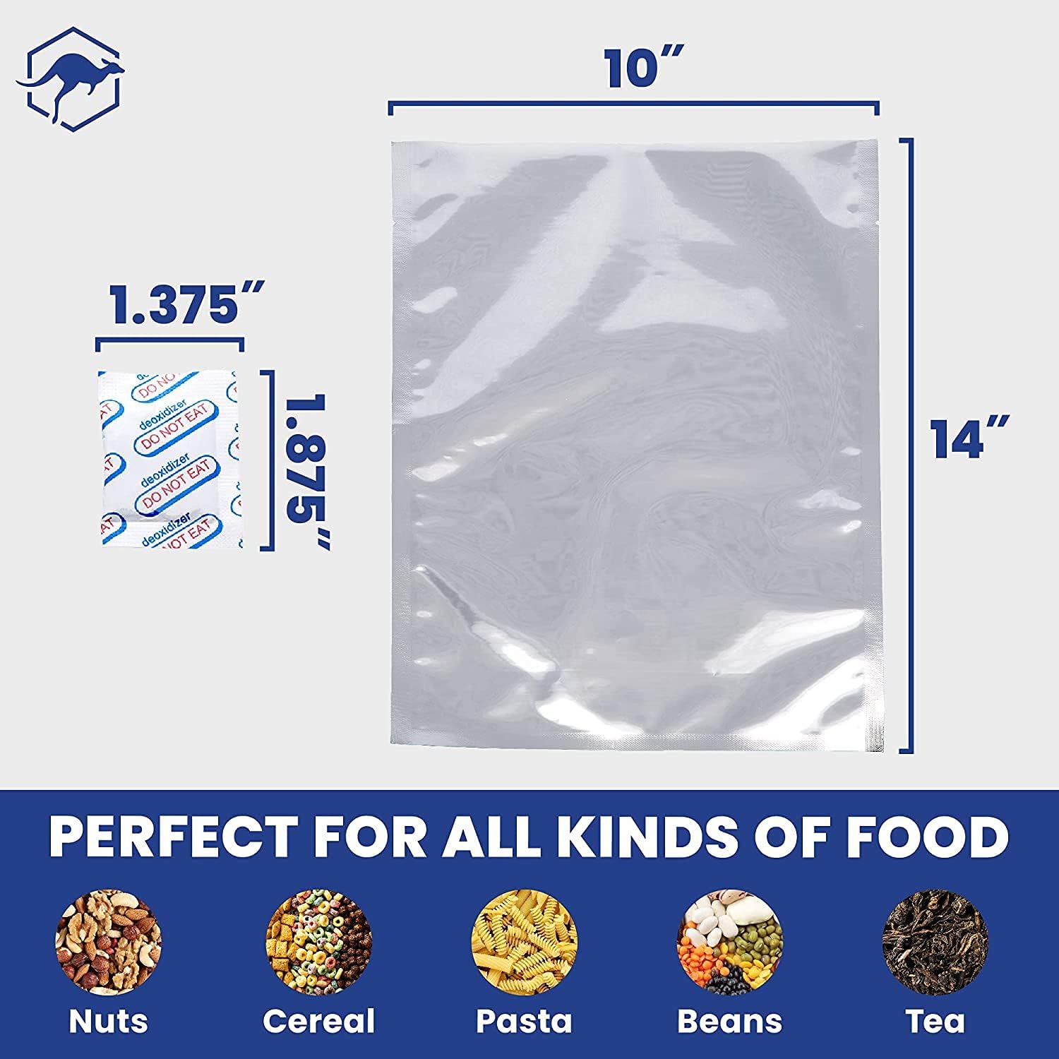Wallaby – Paquete de 75 bolsas Mylar de 1 galón (5 mil, 10 x 14 pulgadas), 80 absorbentes de oxígeno de 400 cc, 80 etiquetas, sellables con calor,