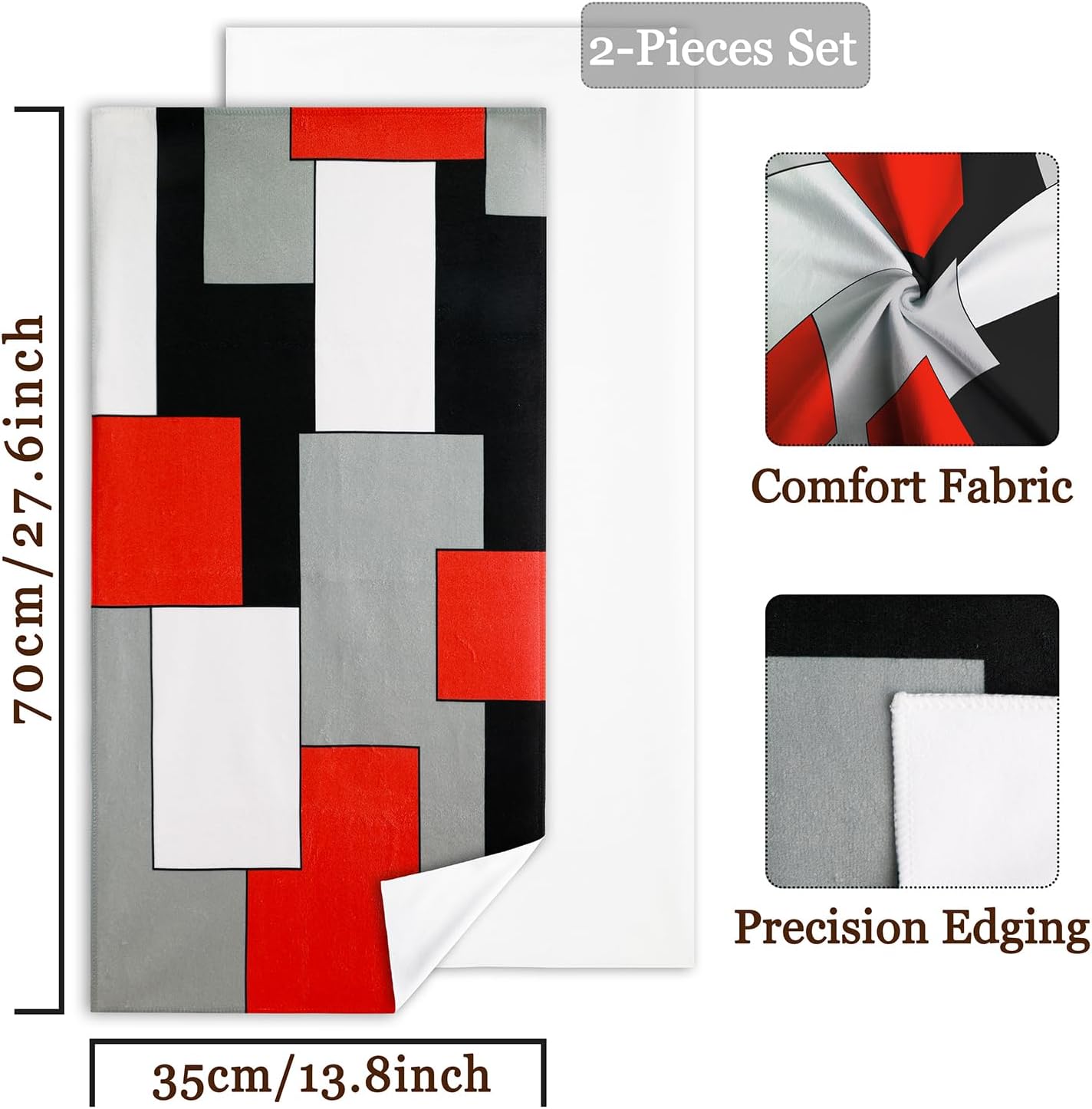Juego de 2 toallas de mano para baño, cocina, color rojo, negro, gris, blanco, decorativas, ultra suaves, absorbentes, para baño, cocina, juego de 2