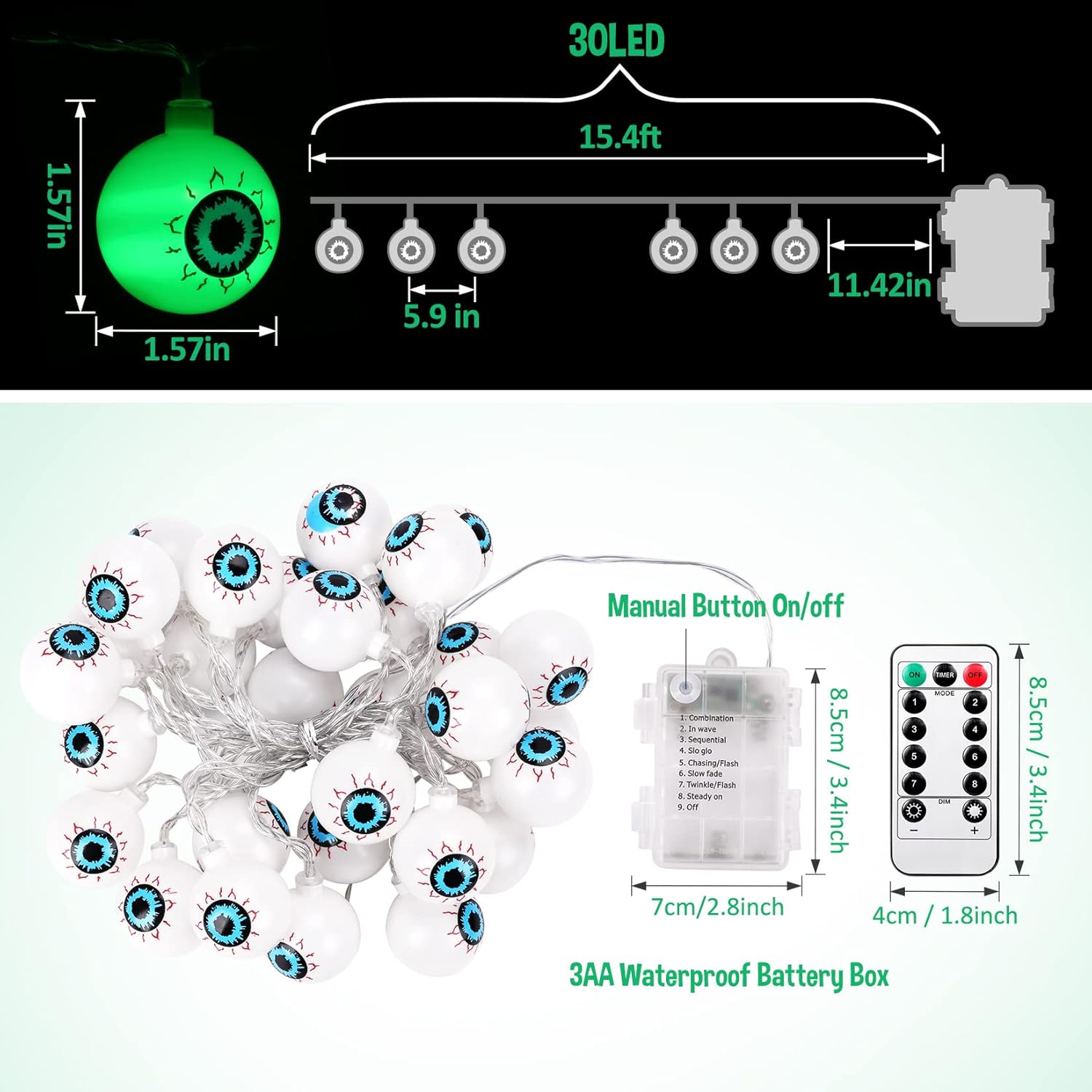 Fashionwu Halloween String Lights Green, 30 LED Waterproof Halloween Eyeball String Lights, 15FT Long String Lights for Halloween Tree Decorations,