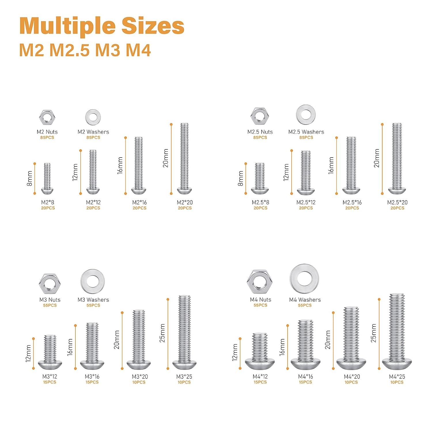 VIGRUE Juego de 820 tornillos de cabeza de botón M4 M3 M2.5 M2, tornillos, tuercas, arandelas, kit surtido de tornillos métricos de acero inoxidable