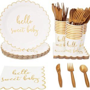 Hello Sweet Baby Shower Supplies, juego de vajilla (144 piezas, sirve 24) Hello Sweet Baby Shower Supplies, juego de vajilla (144 piezas, sirve 24)